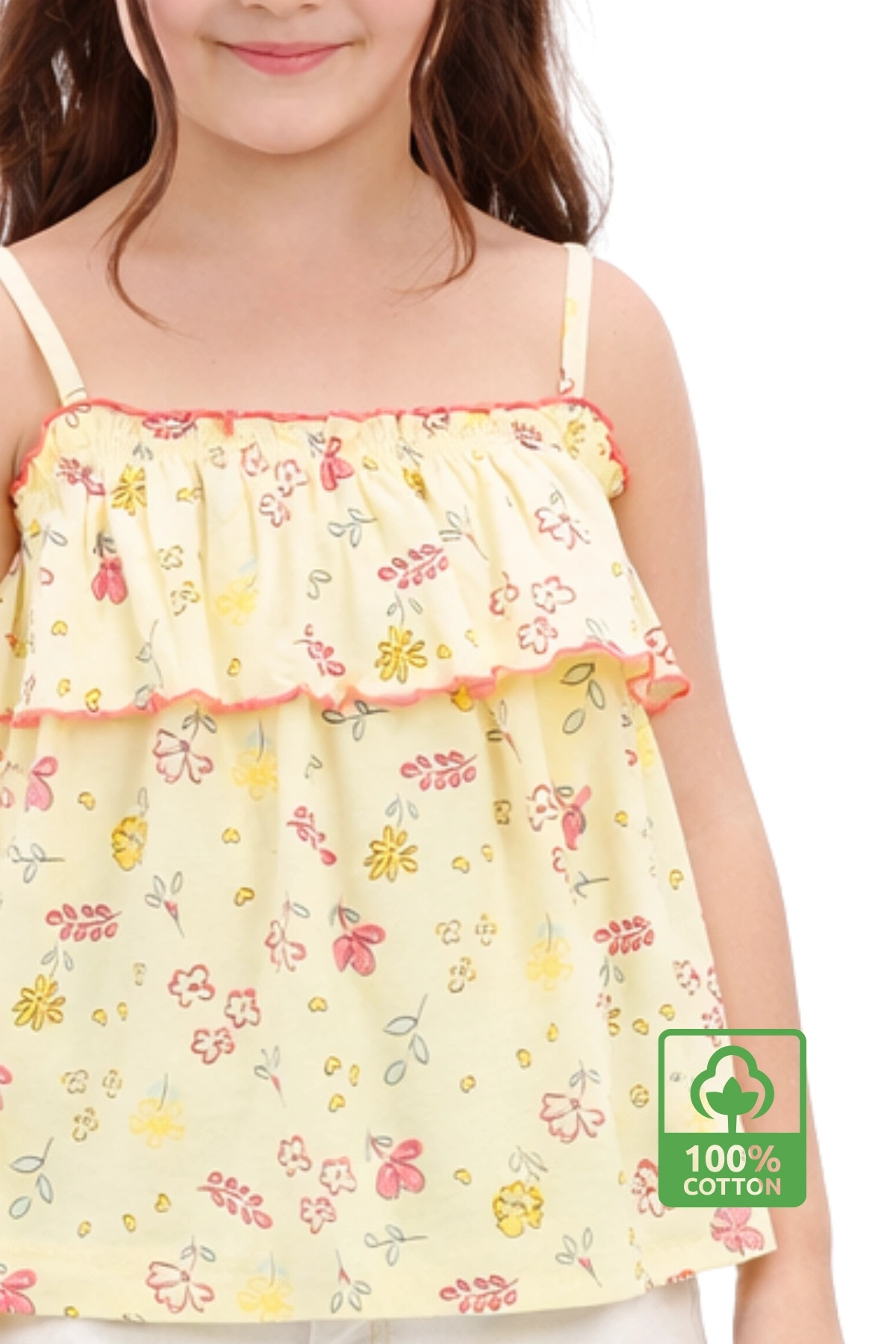 Kız Çocuk Sarı İp Askılı %100 Pamuk Yazlık Çiçek Desenli Fırfırlı Bluz