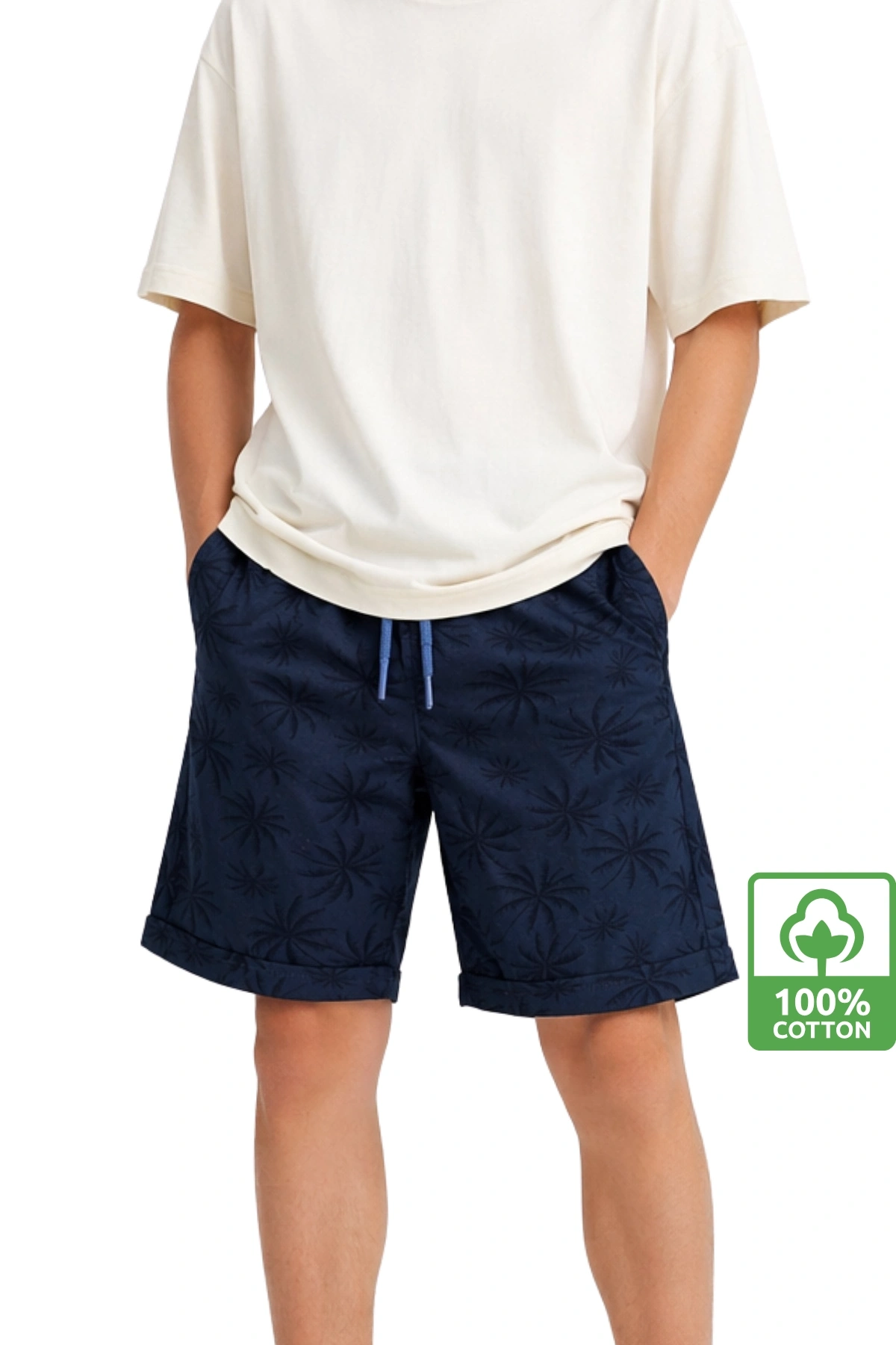 Erkek Çocuk Lacivert Palmiyeli Desenli %100 Pamuk İpli Kısa Şort