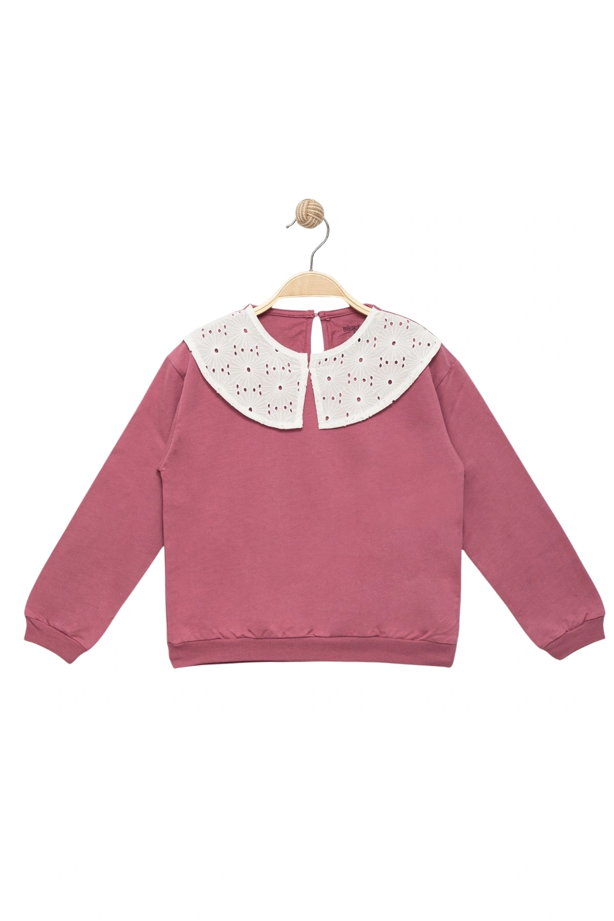 Kız Çocuk Brode Yaka %100 Pamuk Sweatshirt - Süs Brode Yakalı Çocuk Sweat