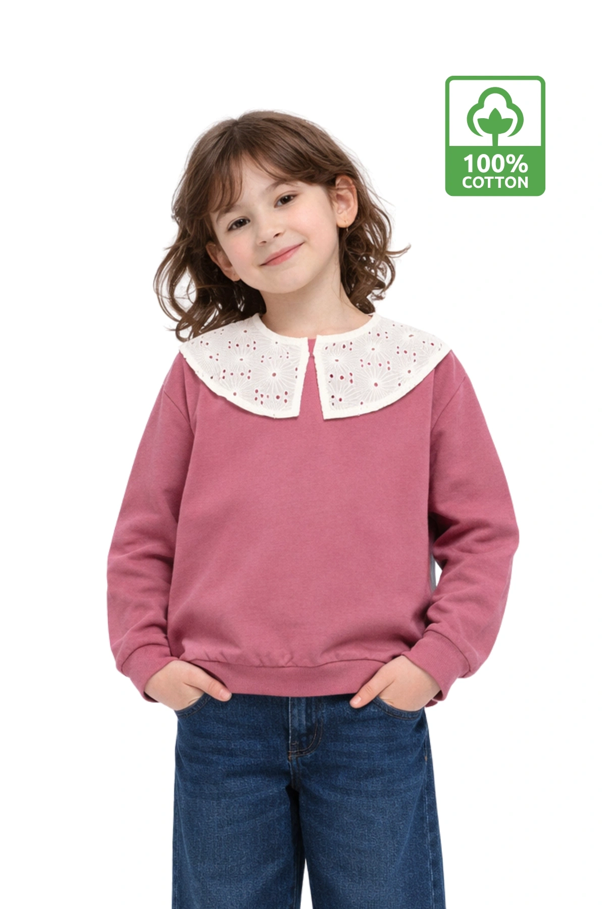 Kız Çocuk Brode Yaka %100 Pamuk Sweatshirt - Süs Brode Yakalı Çocuk Sweat