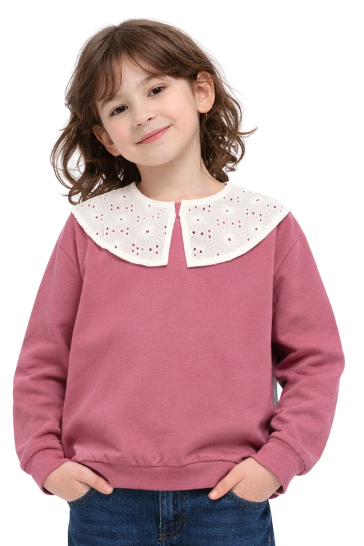 Kız Çocuk Brode Yaka %100 Pamuk Sweatshirt - Süs Brode Yakalı Çocuk Sweat