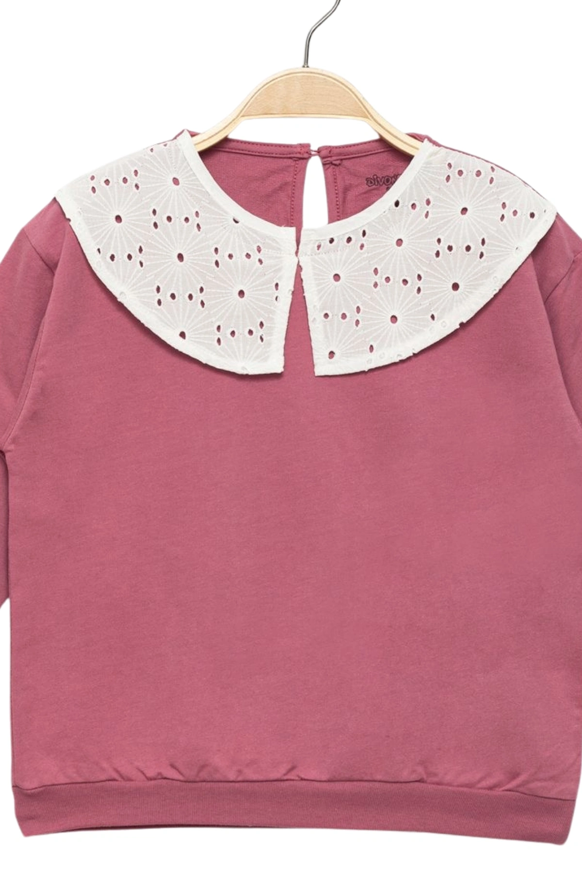 Kız Çocuk Brode Yaka %100 Pamuk Sweatshirt - Süs Brode Yakalı Çocuk Sweat