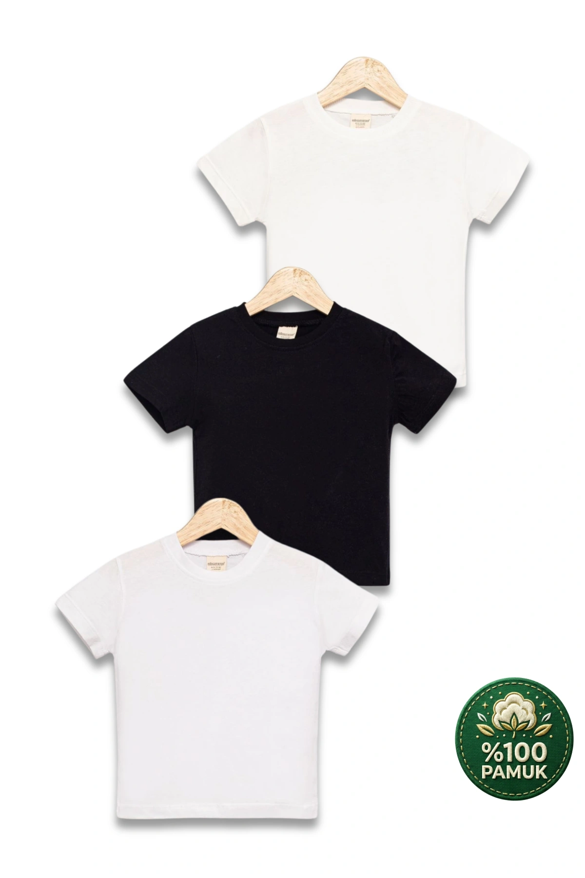 Çocuk 3lü Tişört Seti Beyaz Siyah Ekru %100 Pamuk Basic Kısa Kollu Kız Erkek Yazlık T-shirt
