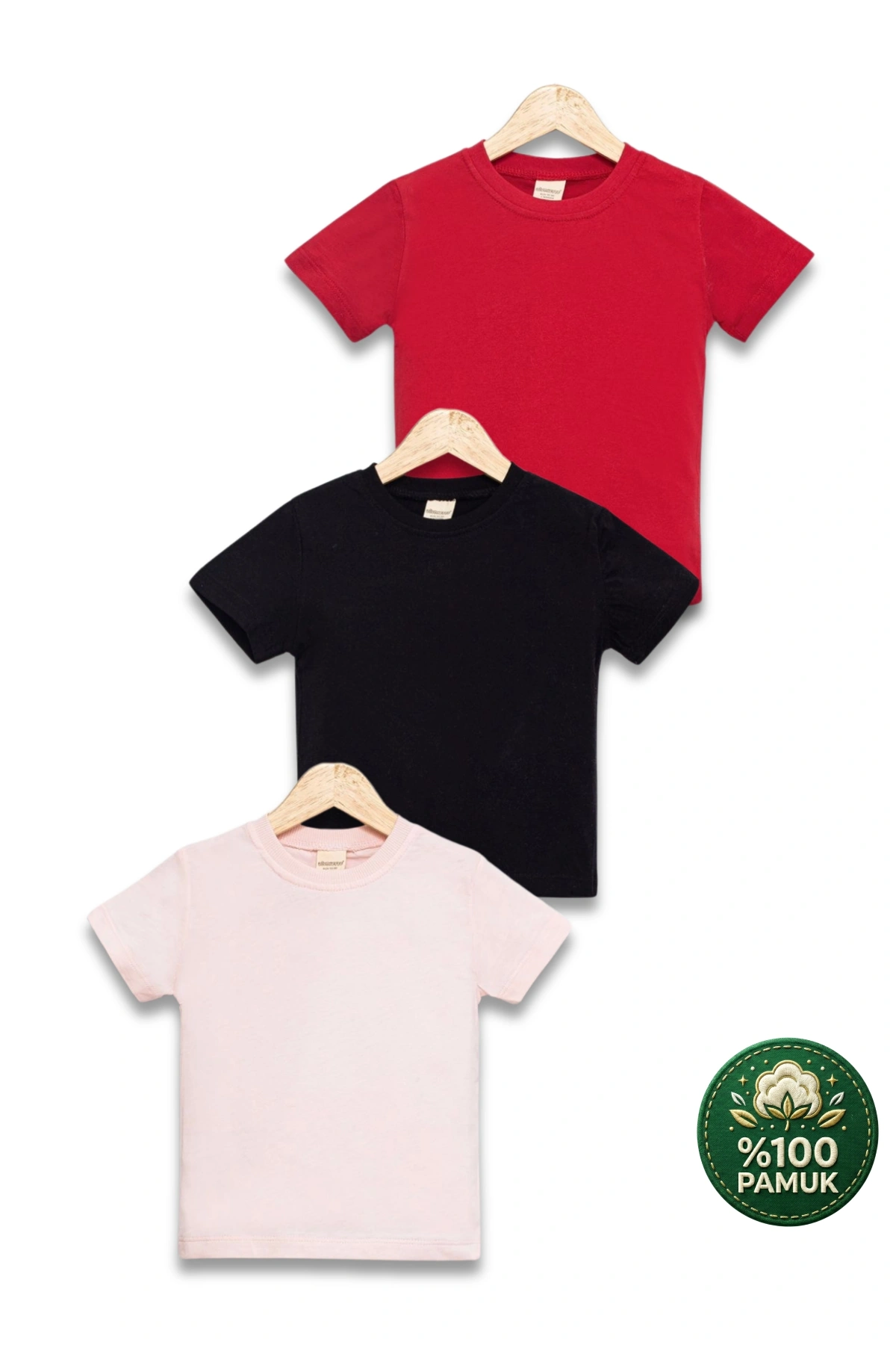 Çocuk 3lü Tişört Seti Siyah Pembe Kırmızı %100 Pamuk Basic Kısa Kollu Kız Erkek Yazlık T-shirt