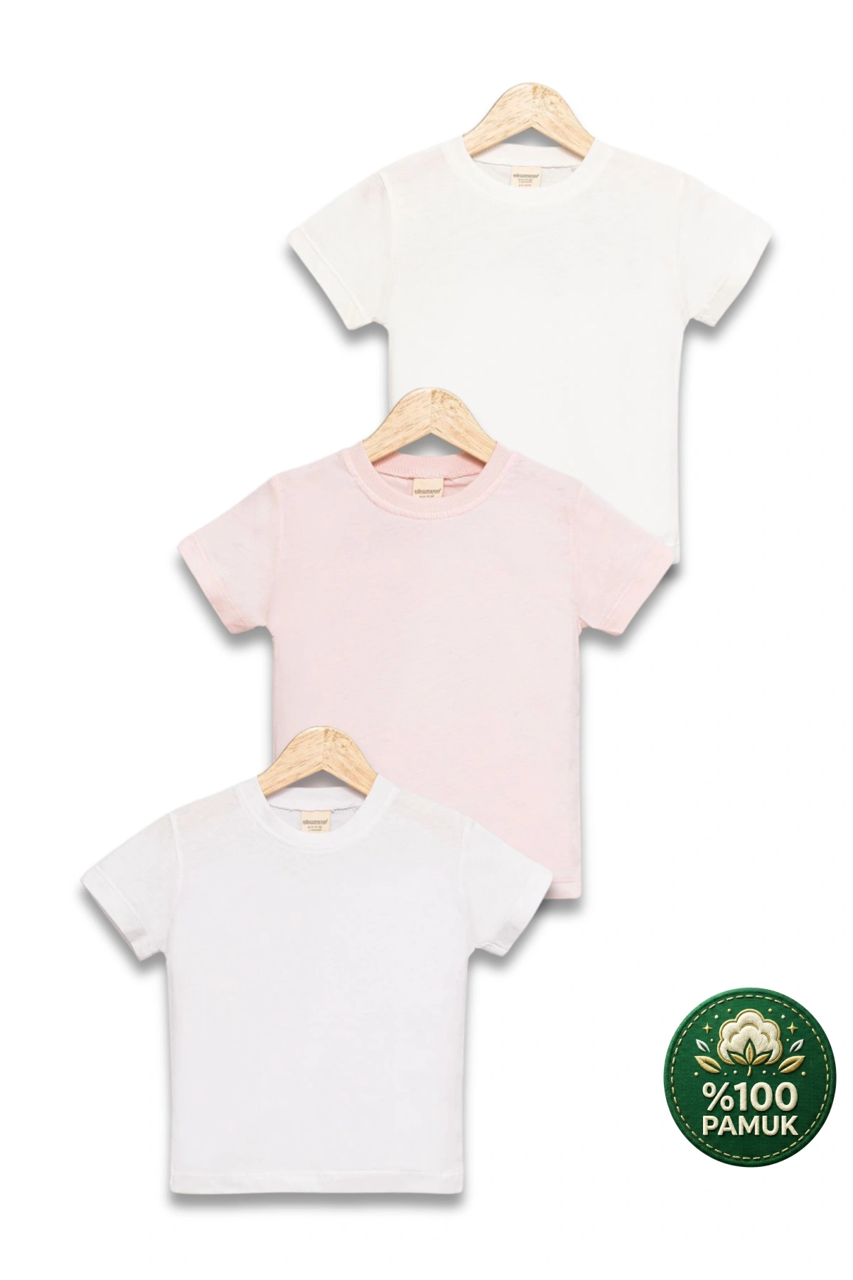 Çocuk 3lü Tişört Seti Beyaz Pembe Ekru %100 Pamuk Basic Kısa Kollu Kız Erkek Yazlık T-shirt