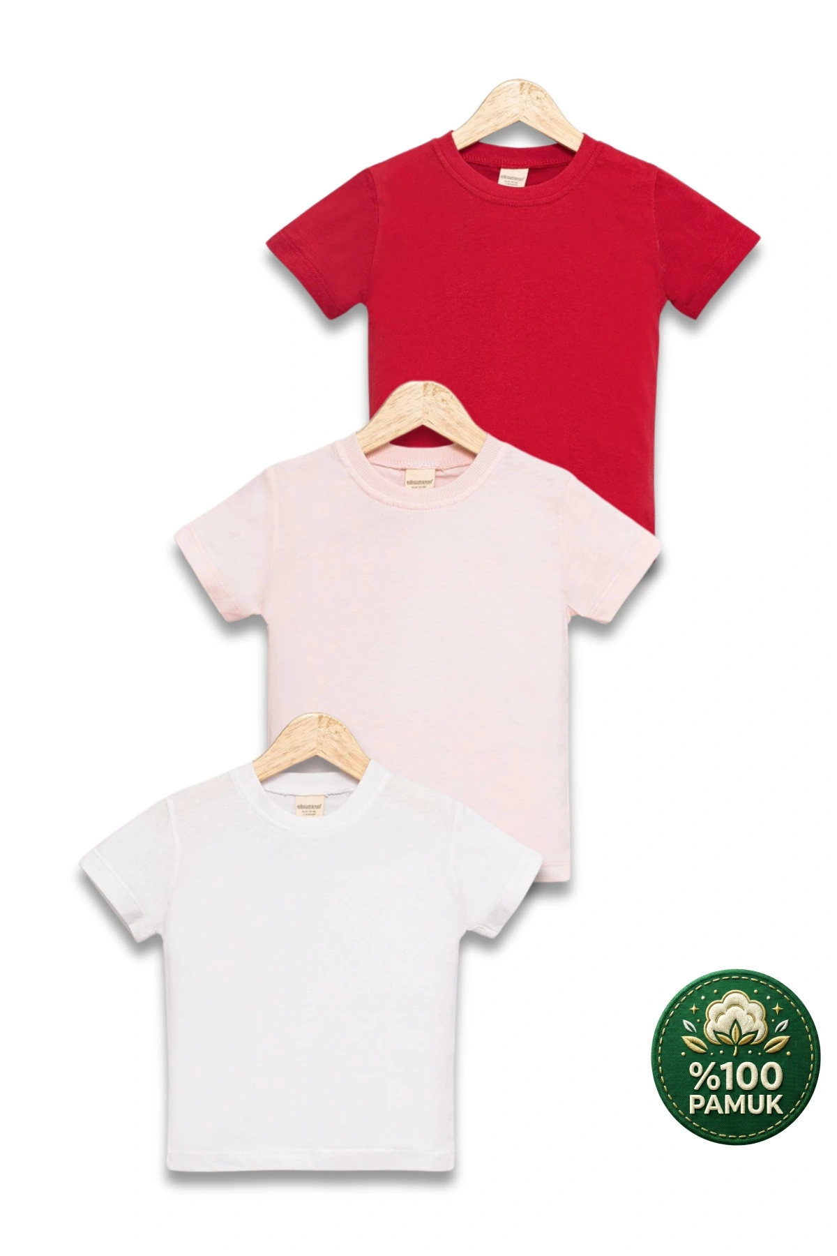 Çocuk 3lü Tişört Seti Beyaz Pembe Kırmızı %100 Pamuk Basic Kısa Kollu Kız Erkek Yazlık T-shirt