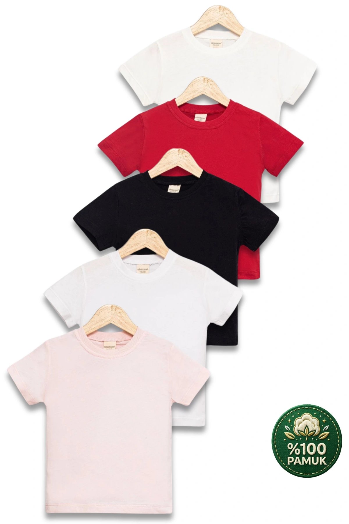 Çocuk 5li Tişört Seti Siyah Beyaz Ekru Pembe Kırmızı %100 Pamuk Basic Kısa Kollu Kız Erkek T-shirt