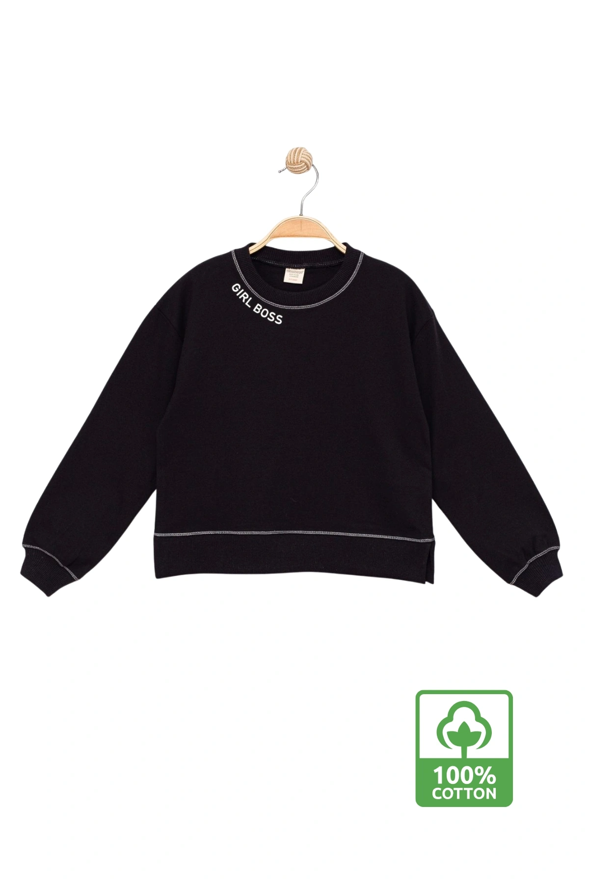 Kız Çocuk Kontrast Dikişli Yazı Baskılı %100 Pamuk Siyah Sweatshirt - Süs Dikişli Çocuk Sweat
