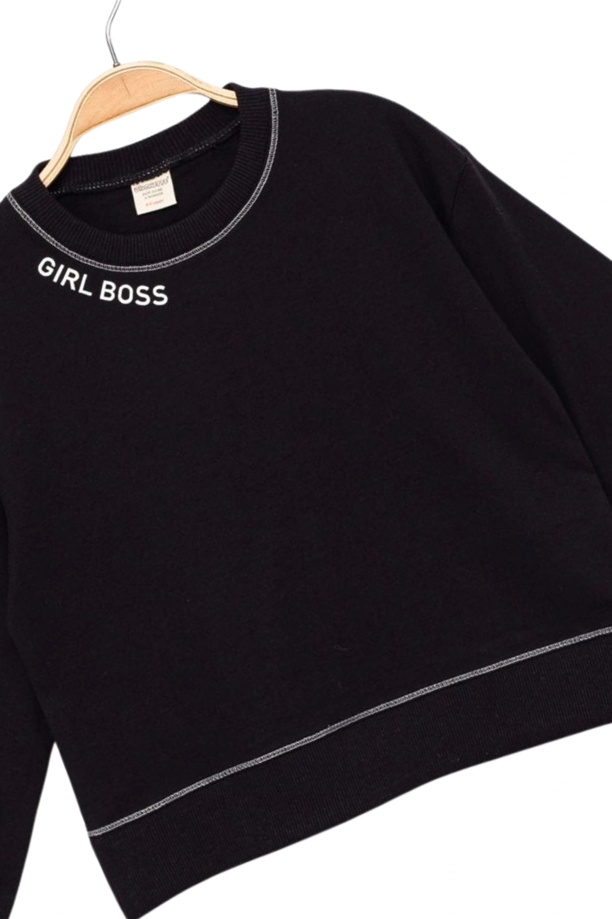 Kız Çocuk Kontrast Dikişli Yazı Baskılı %100 Pamuk Siyah Sweatshirt - Süs Dikişli Çocuk Sweat