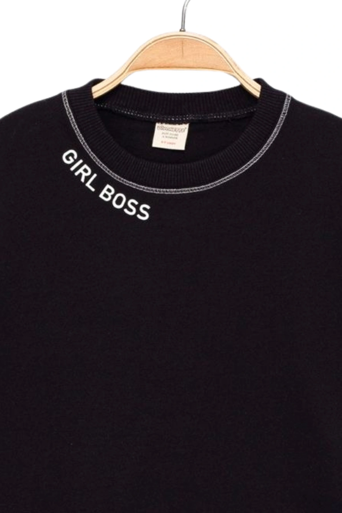 Kız Çocuk Kontrast Dikişli Yazı Baskılı %100 Pamuk Siyah Sweatshirt - Süs Dikişli Çocuk Sweat