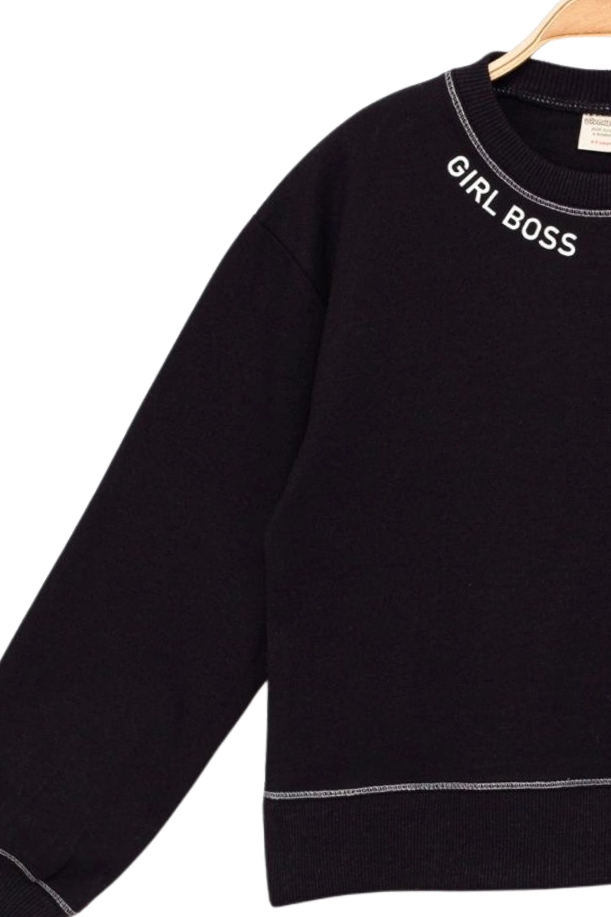 Kız Çocuk Kontrast Dikişli Yazı Baskılı %100 Pamuk Siyah Sweatshirt - Süs Dikişli Çocuk Sweat