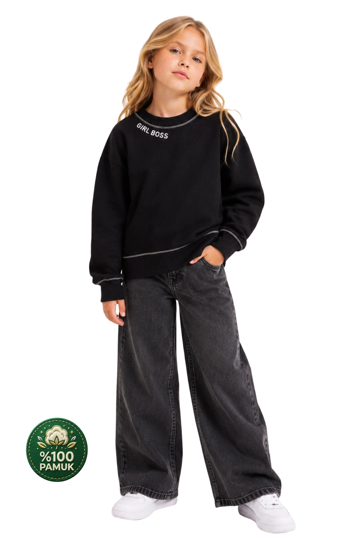 Kız Çocuk Kontrast Dikişli Yazı Baskılı %100 Pamuk Siyah Sweatshirt - Süs Dikişli Çocuk Sweat