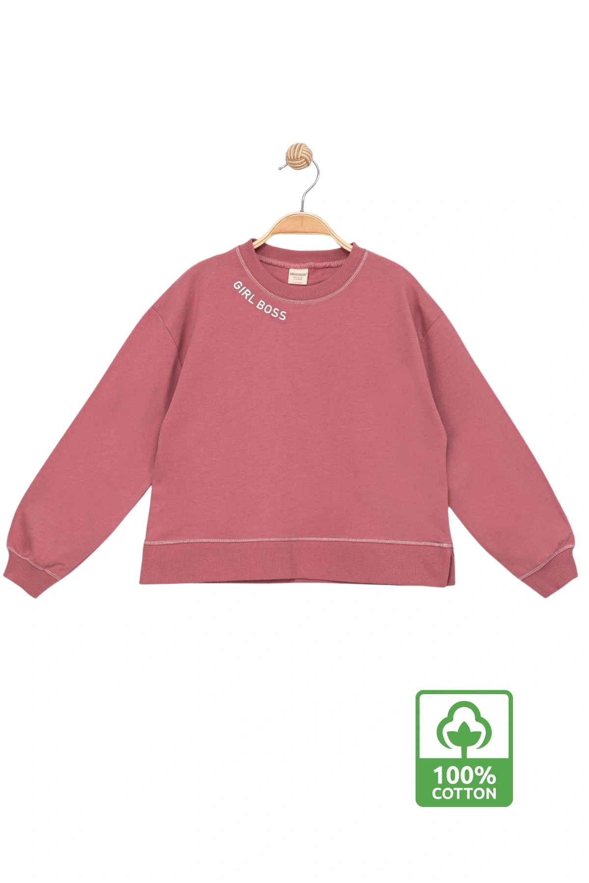 Kız Çocuk Kontrast Dikişli Yazı Baskılı %100 Pamuk Pembe Sweatshirt - Süs Dikişli Çocuk Sweat