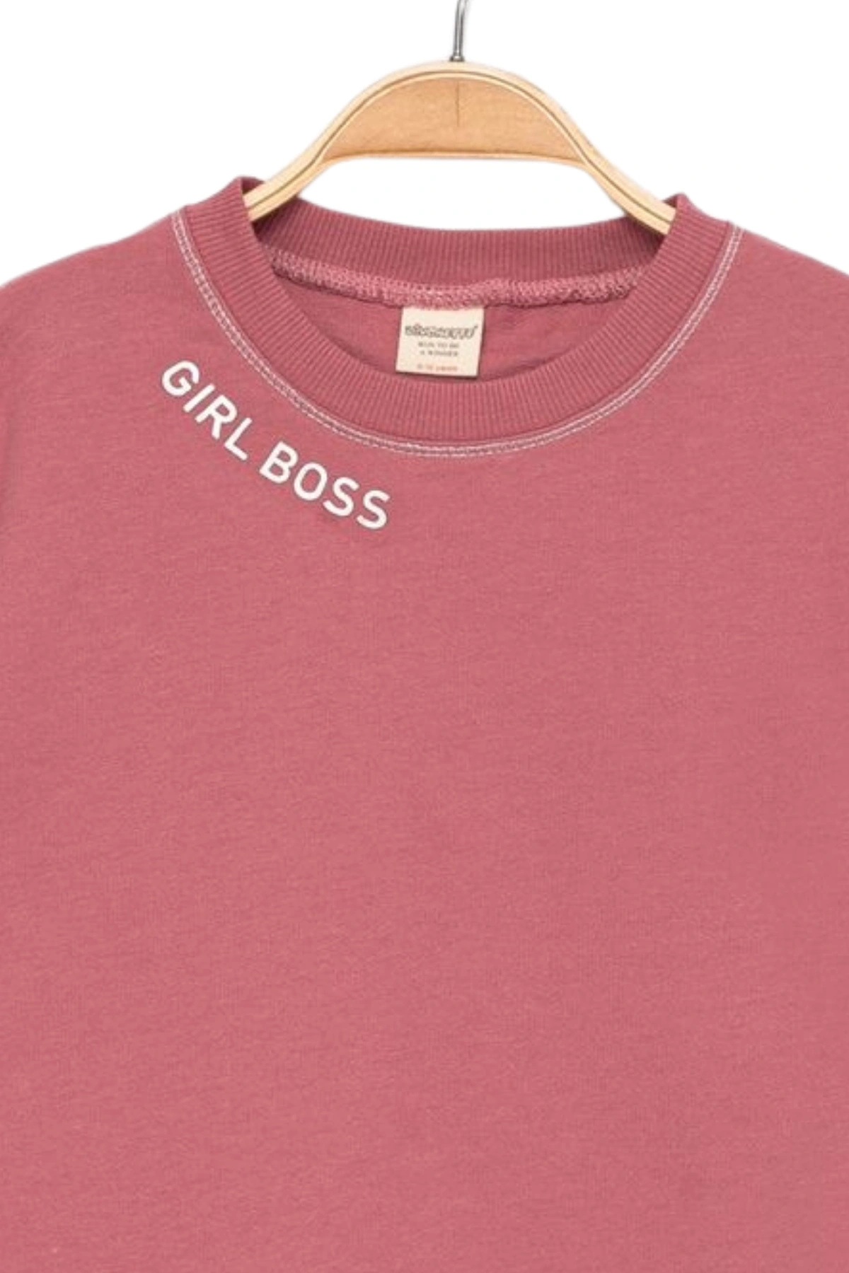 Kız Çocuk Kontrast Dikişli Yazı Baskılı %100 Pamuk Pembe Sweatshirt - Süs Dikişli Çocuk Sweat