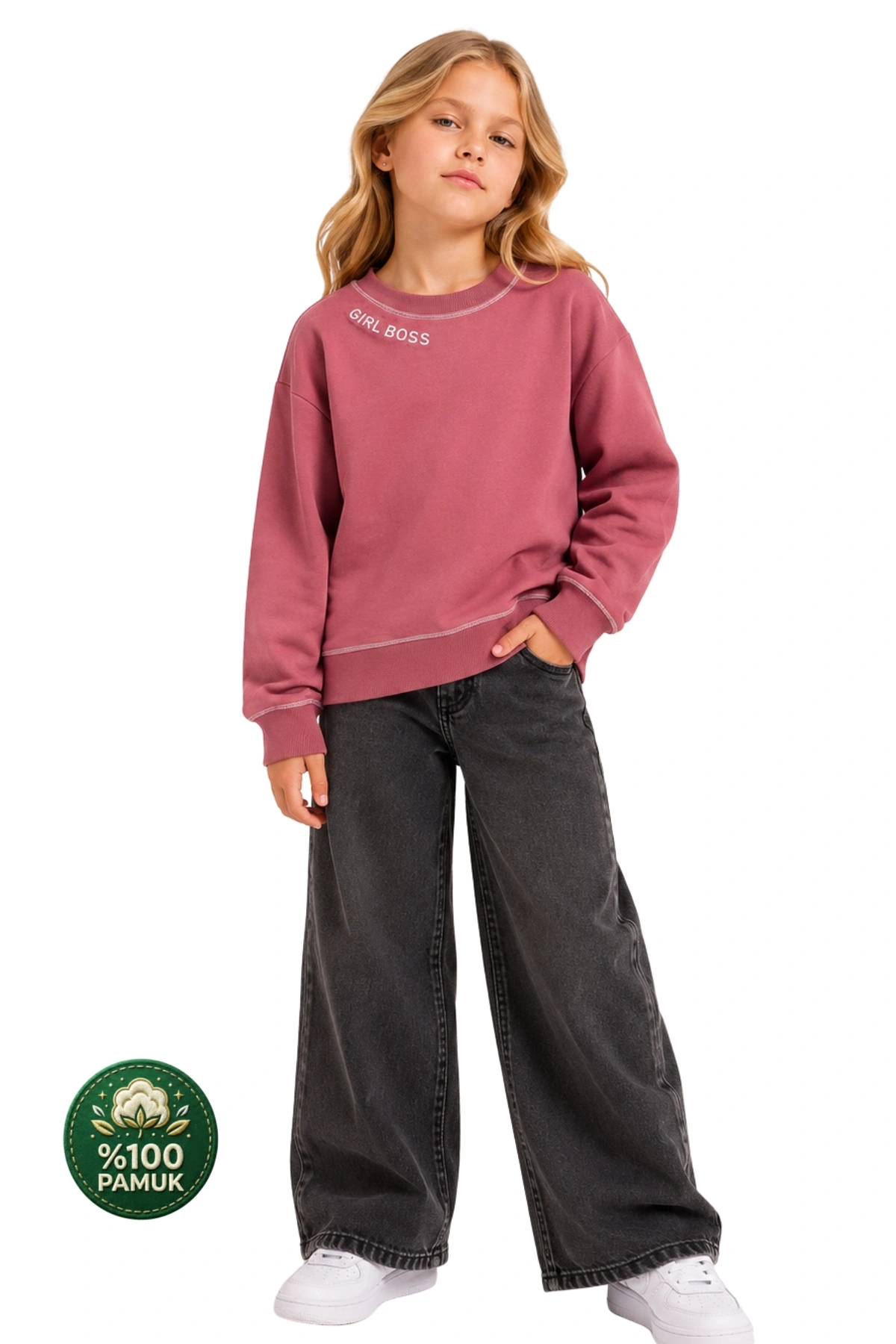 Kız Çocuk Kontrast Dikişli Yazı Baskılı %100 Pamuk Pembe Sweatshirt - Süs Dikişli Çocuk Sweat