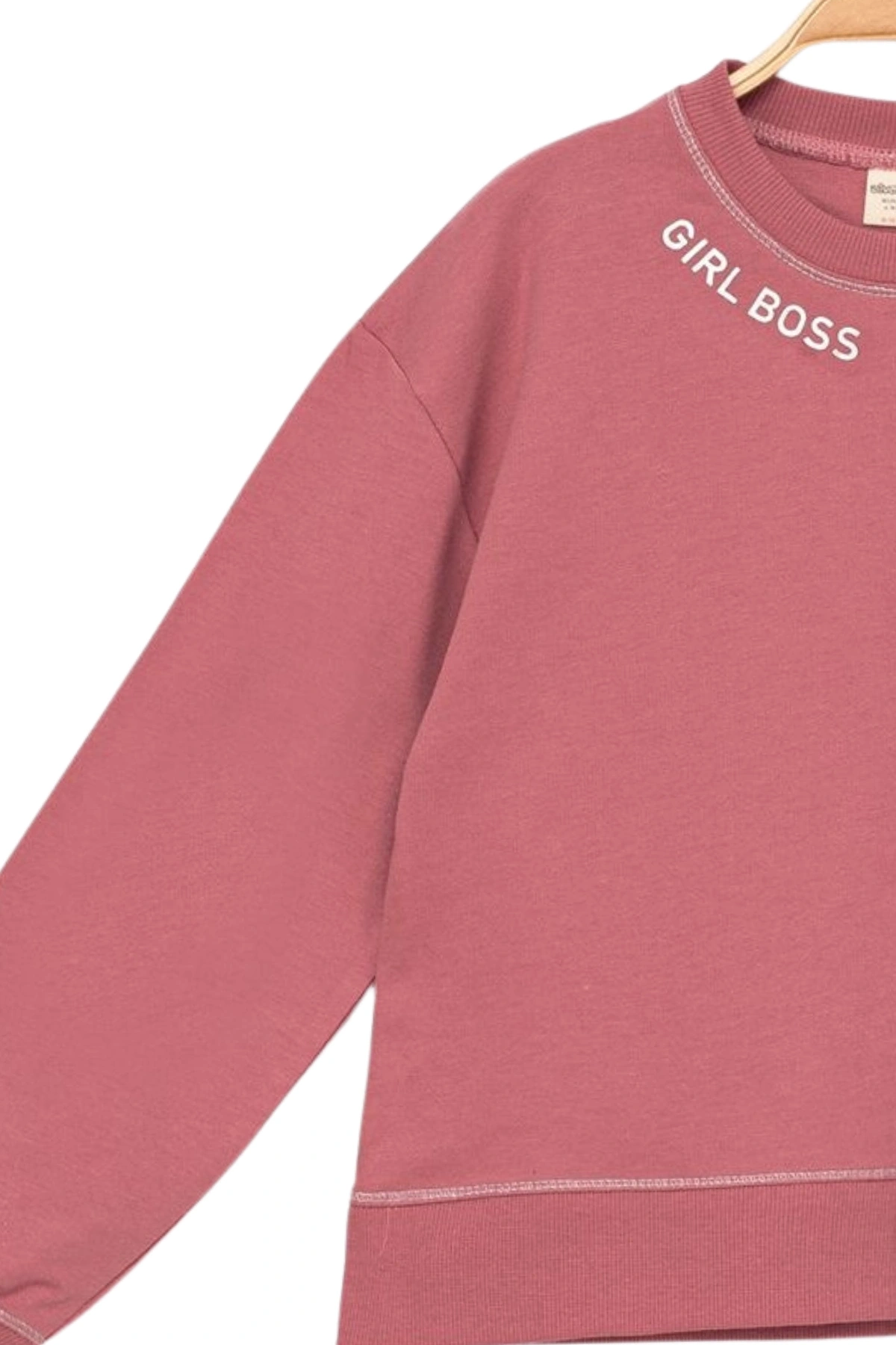 Kız Çocuk Kontrast Dikişli Yazı Baskılı %100 Pamuk Pembe Sweatshirt - Süs Dikişli Çocuk Sweat