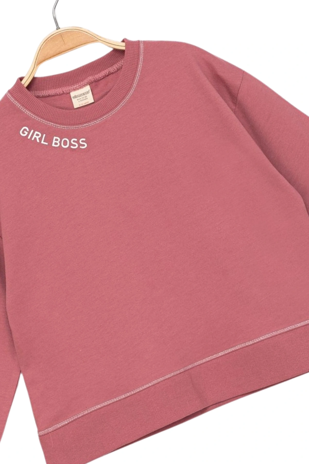 Kız Çocuk Kontrast Dikişli Yazı Baskılı %100 Pamuk Pembe Sweatshirt - Süs Dikişli Çocuk Sweat