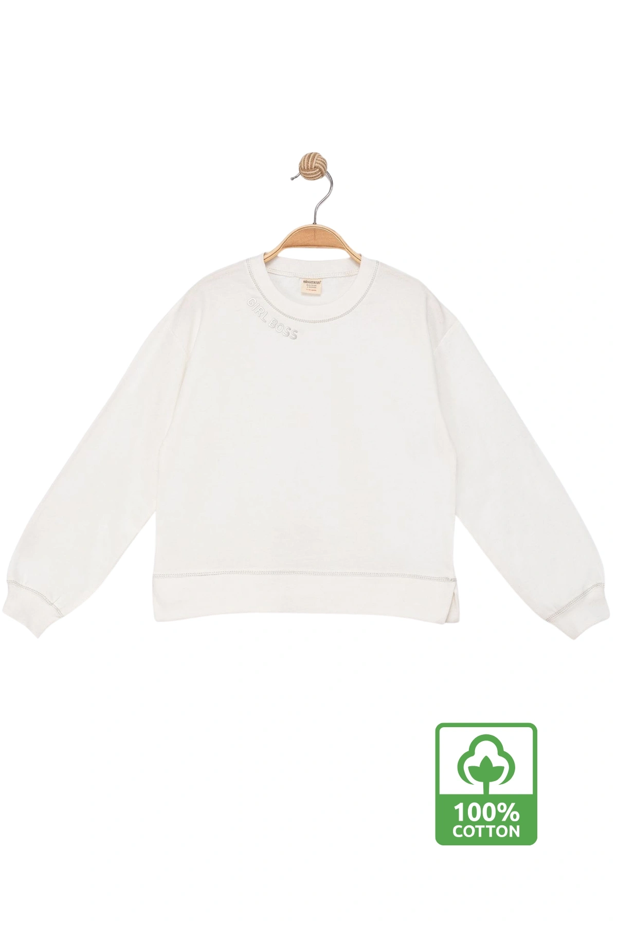 Kız Çocuk Kontrast Dikişli Yazı Baskılı %100 Pamuk Ekru Sweatshirt - Süs Dikişli Çocuk Sweat