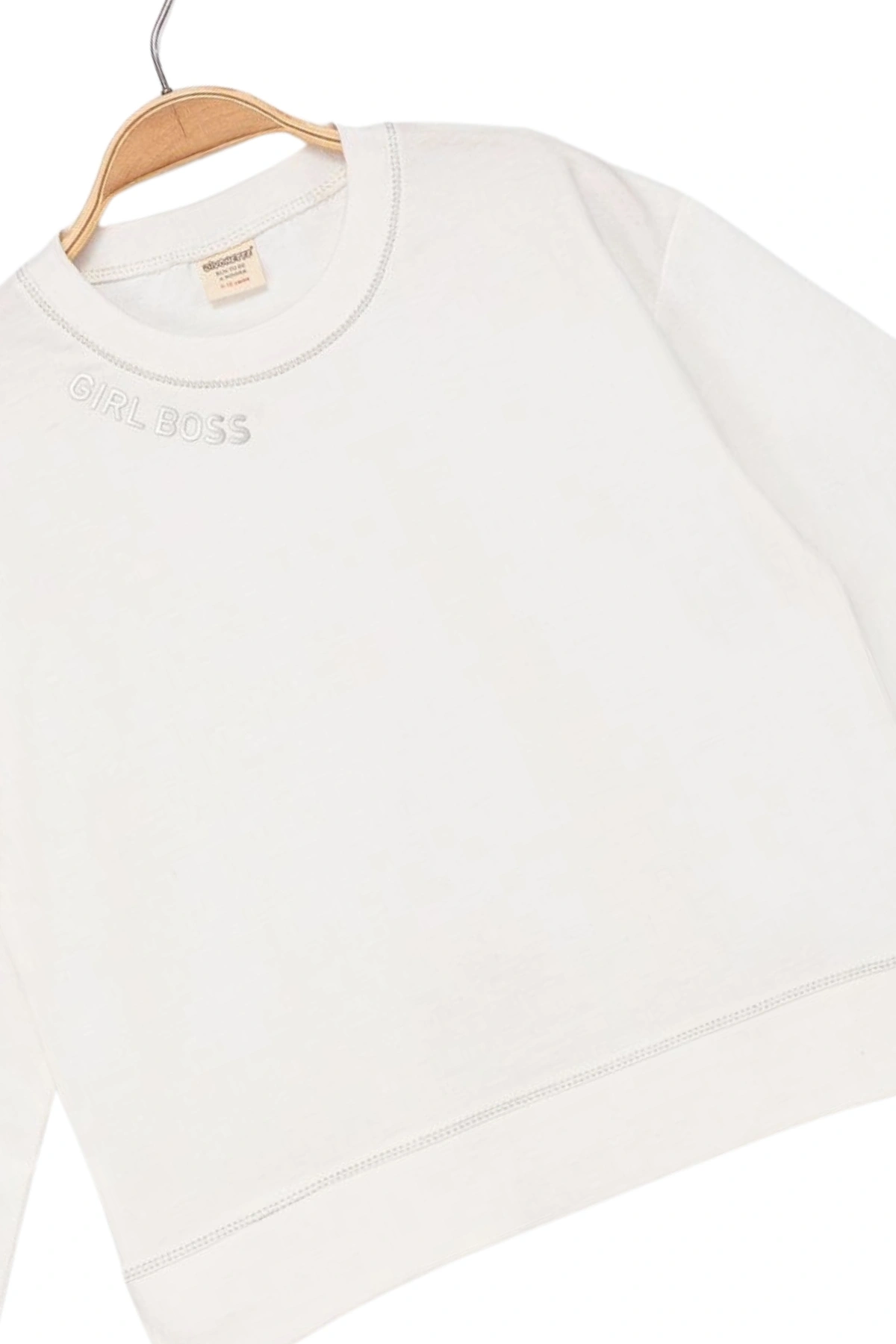 Kız Çocuk Kontrast Dikişli Yazı Baskılı %100 Pamuk Ekru Sweatshirt - Süs Dikişli Çocuk Sweat