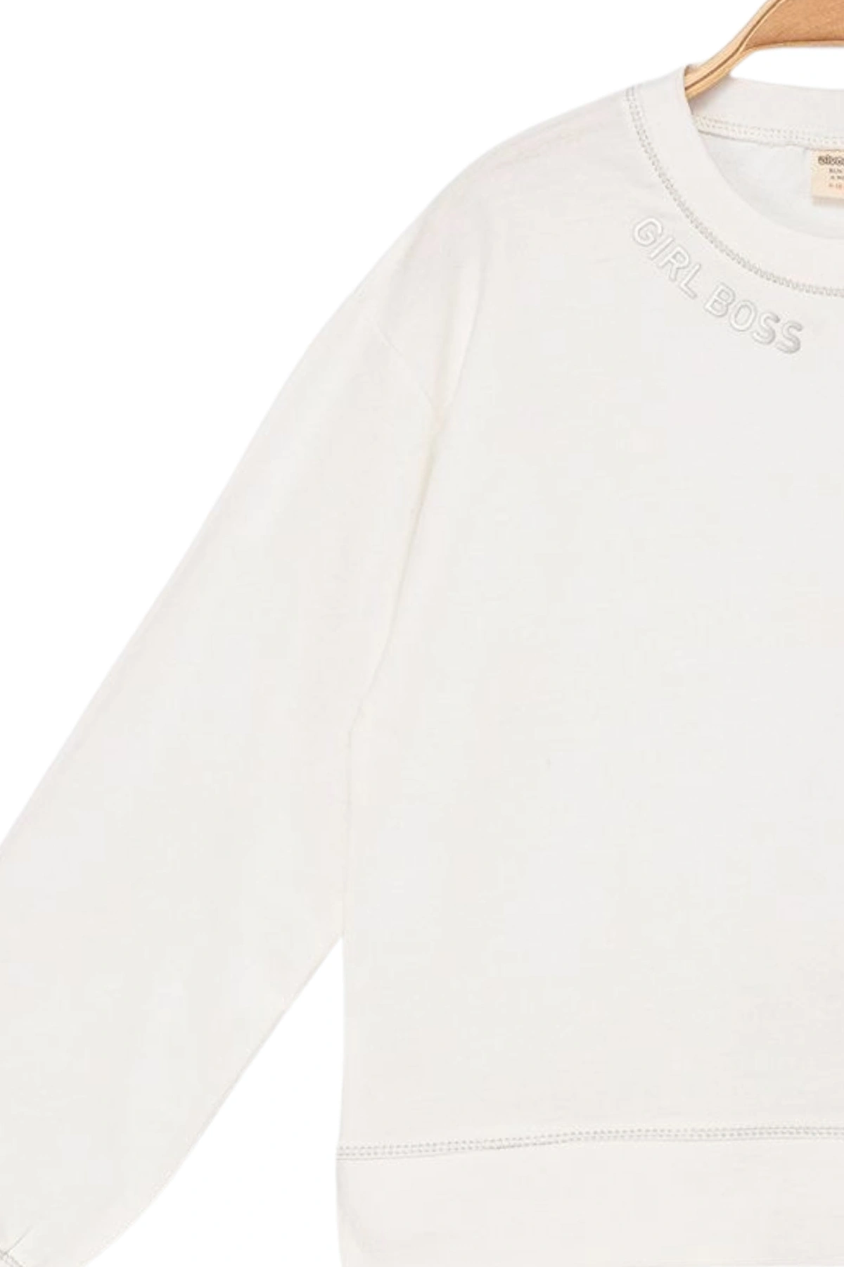 Kız Çocuk Kontrast Dikişli Yazı Baskılı %100 Pamuk Ekru Sweatshirt - Süs Dikişli Çocuk Sweat