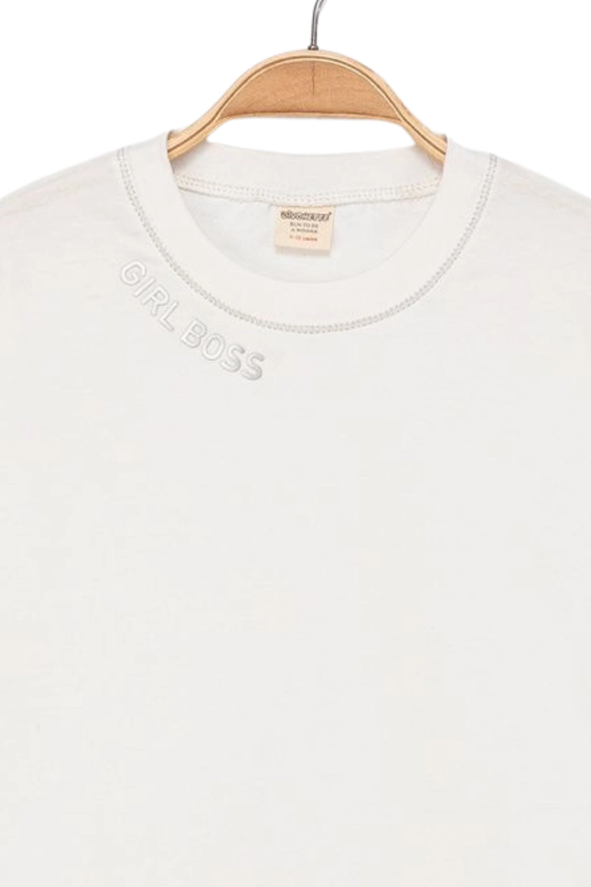 Kız Çocuk Kontrast Dikişli Yazı Baskılı %100 Pamuk Ekru Sweatshirt - Süs Dikişli Çocuk Sweat