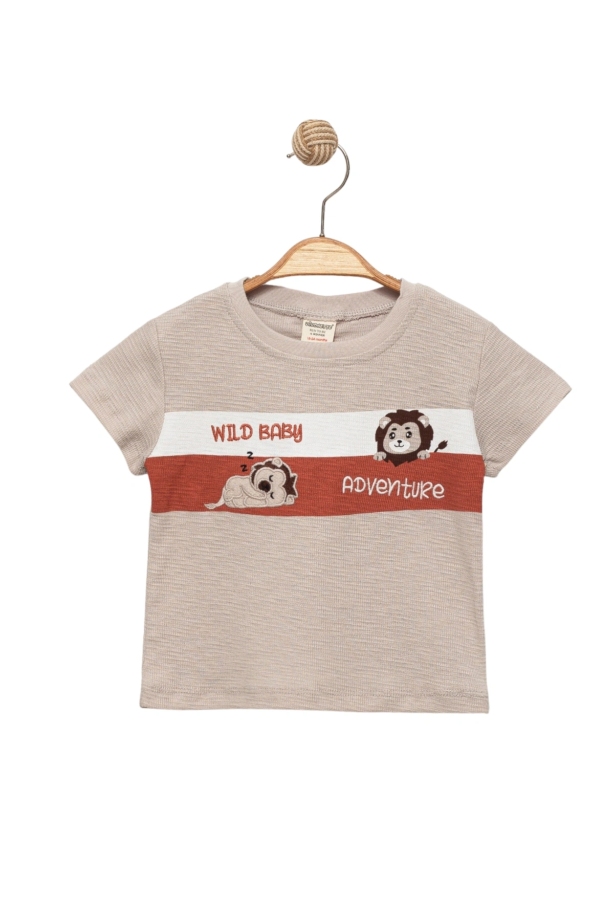 Erkek Çocuk İnce Yazlık %100 Pamuk Kısa Kollu Aslan Desenli Erkek Bebek Ekru T-shirt