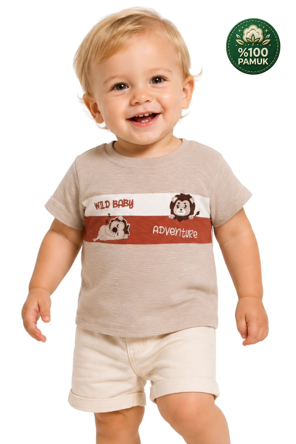 Erkek Çocuk İnce Yazlık %100 Pamuk Kısa Kollu Aslan Desenli Erkek Bebek Ekru T-shirt