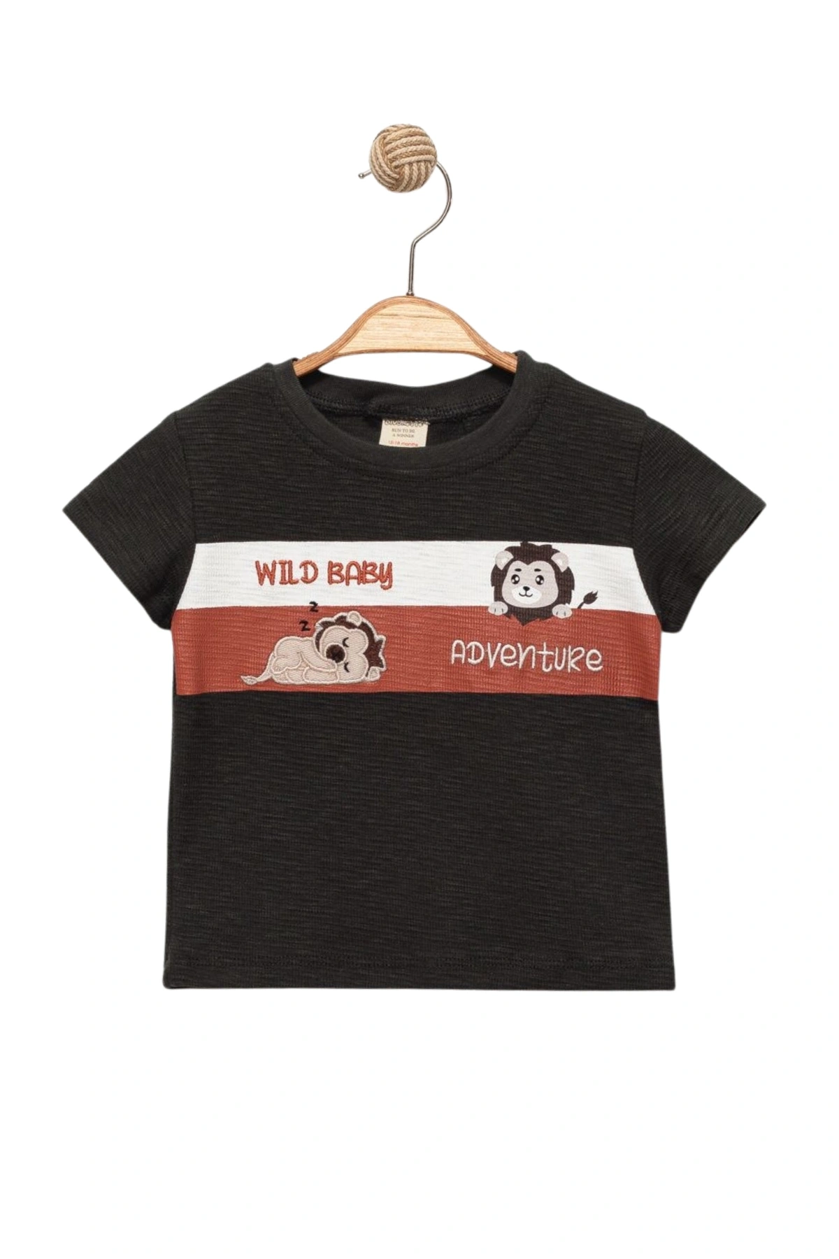 Erkek Çocuk İnce Yazlık %100 Pamuk Kısa Kollu Aslan Desenli Erkek Bebek Füme T-shirt