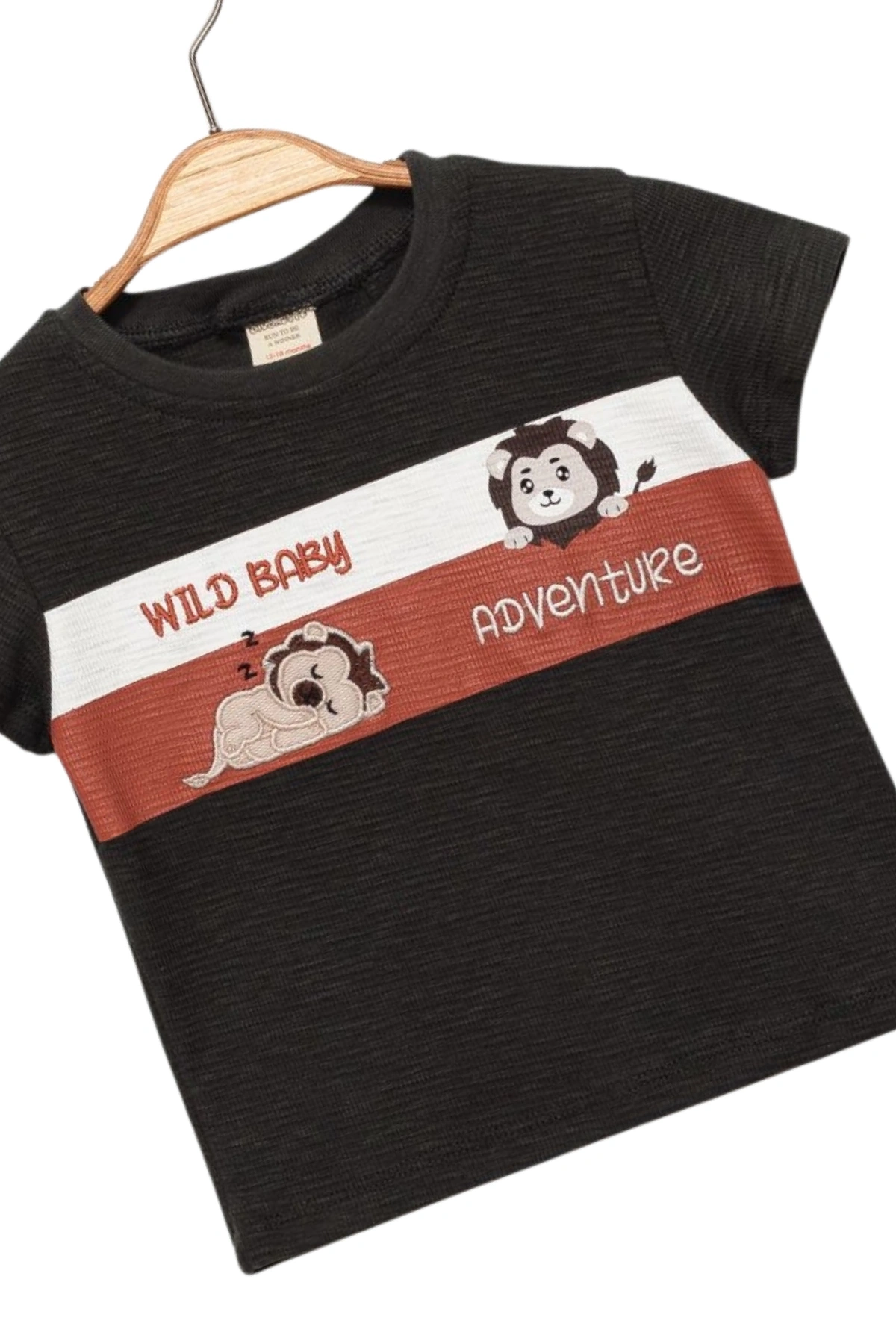 Erkek Çocuk İnce Yazlık %100 Pamuk Kısa Kollu Aslan Desenli Erkek Bebek Füme T-shirt