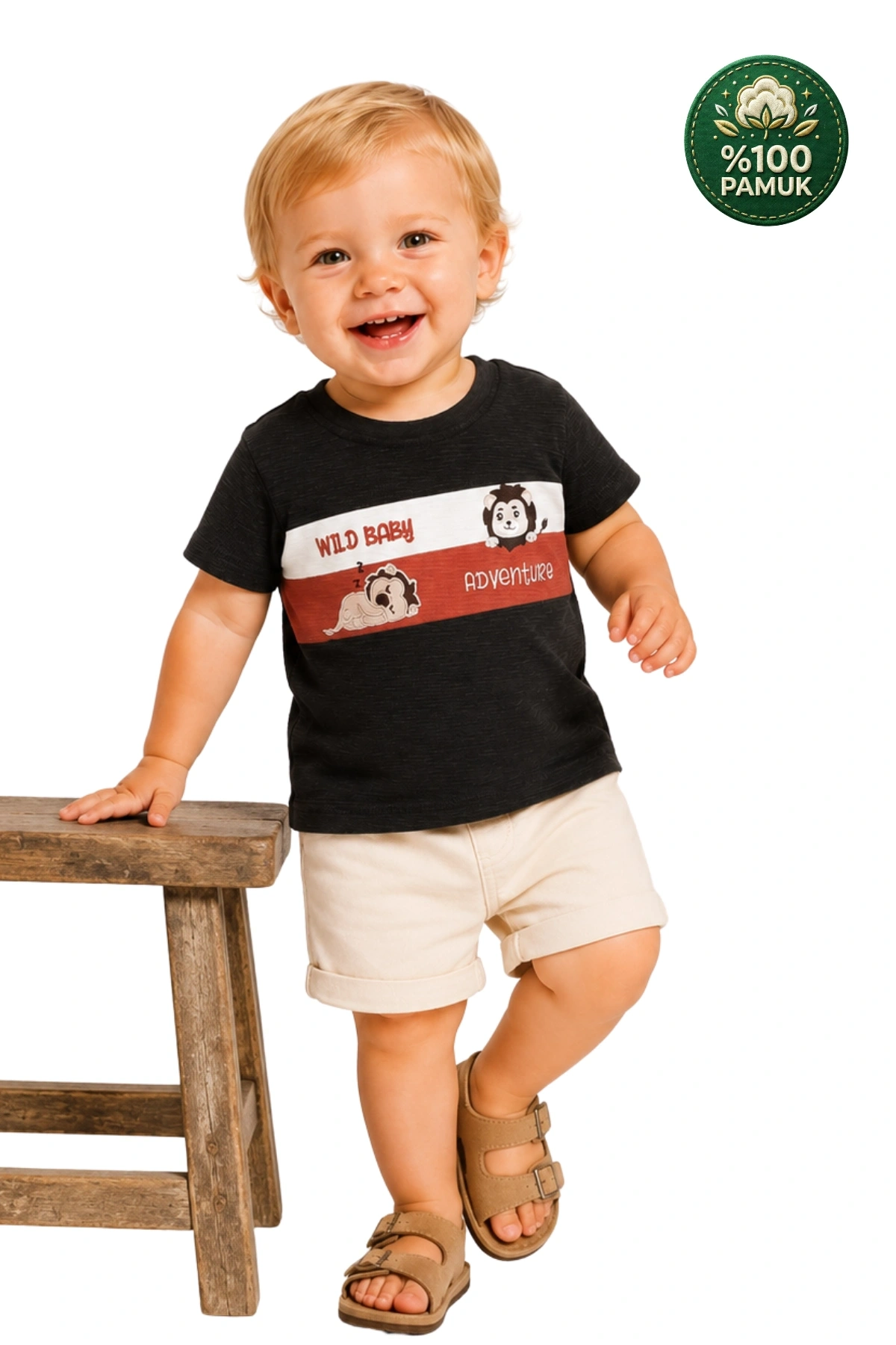 Erkek Çocuk İnce Yazlık %100 Pamuk Kısa Kollu Aslan Desenli Erkek Bebek Füme T-shirt