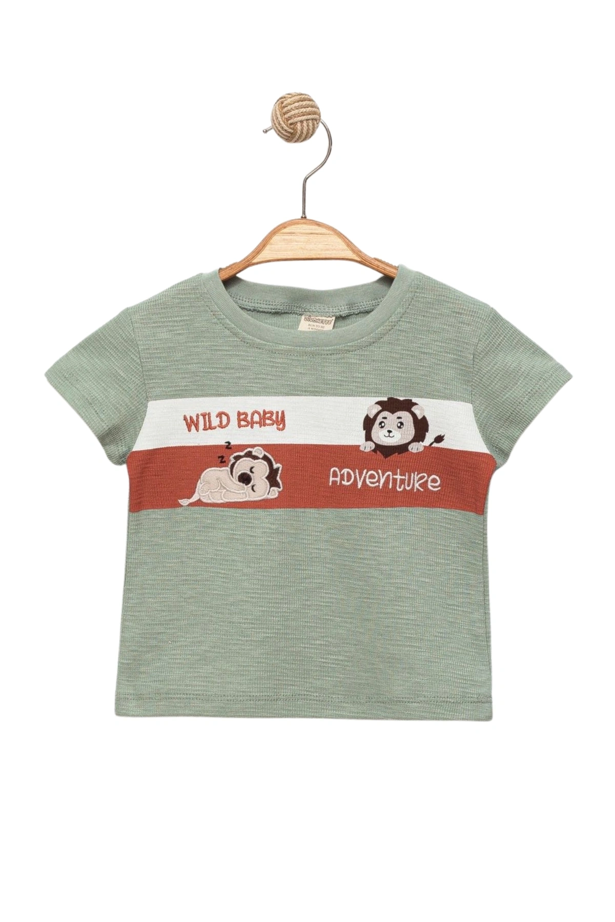 Erkek Çocuk İnce Yazlık %100 Pamuk Kısa Kollu Aslan Desenli Erkek Bebek Yeşil T-shirt