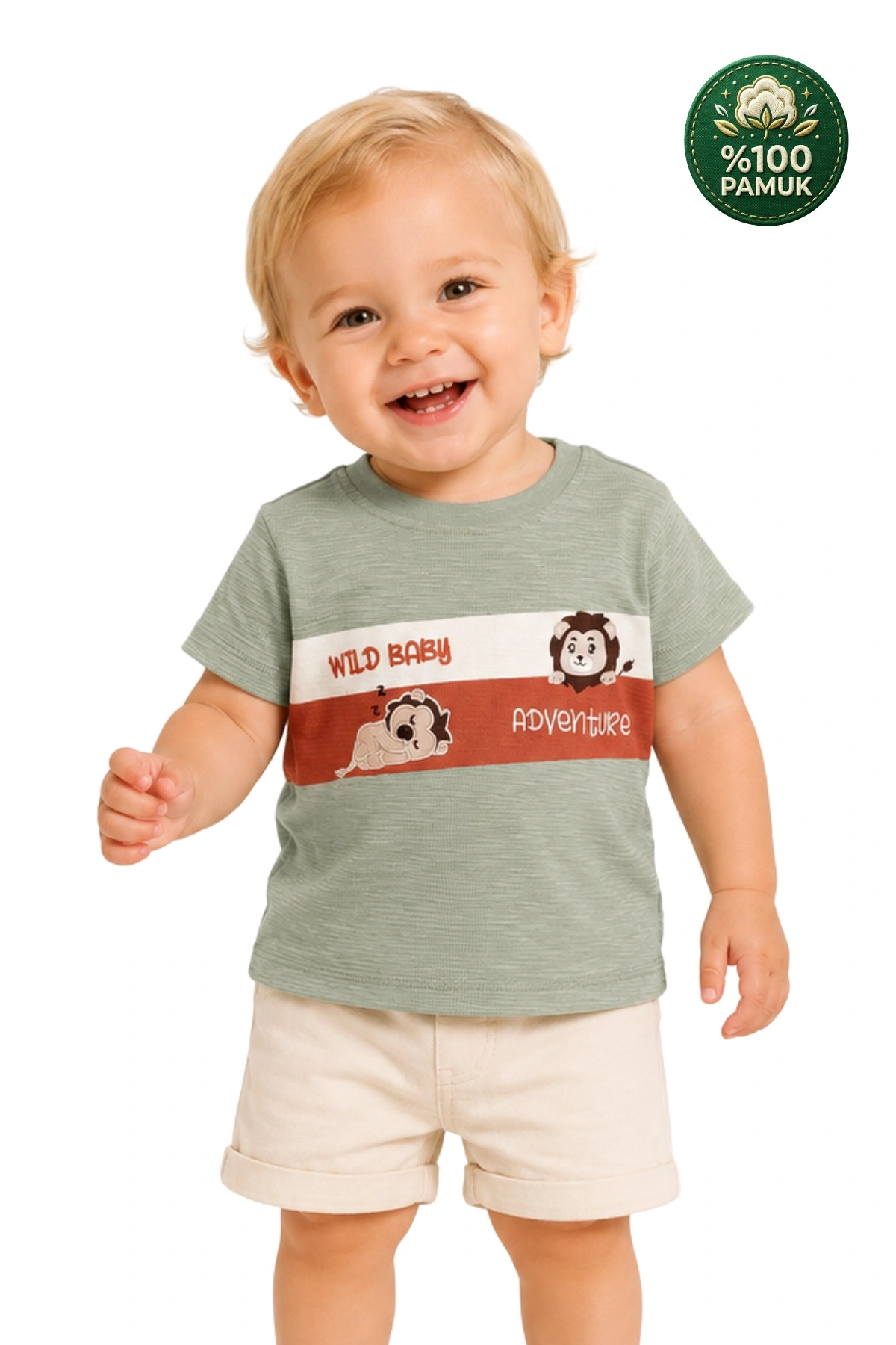 Erkek Çocuk İnce Yazlık %100 Pamuk Kısa Kollu Aslan Desenli Erkek Bebek Yeşil T-shirt