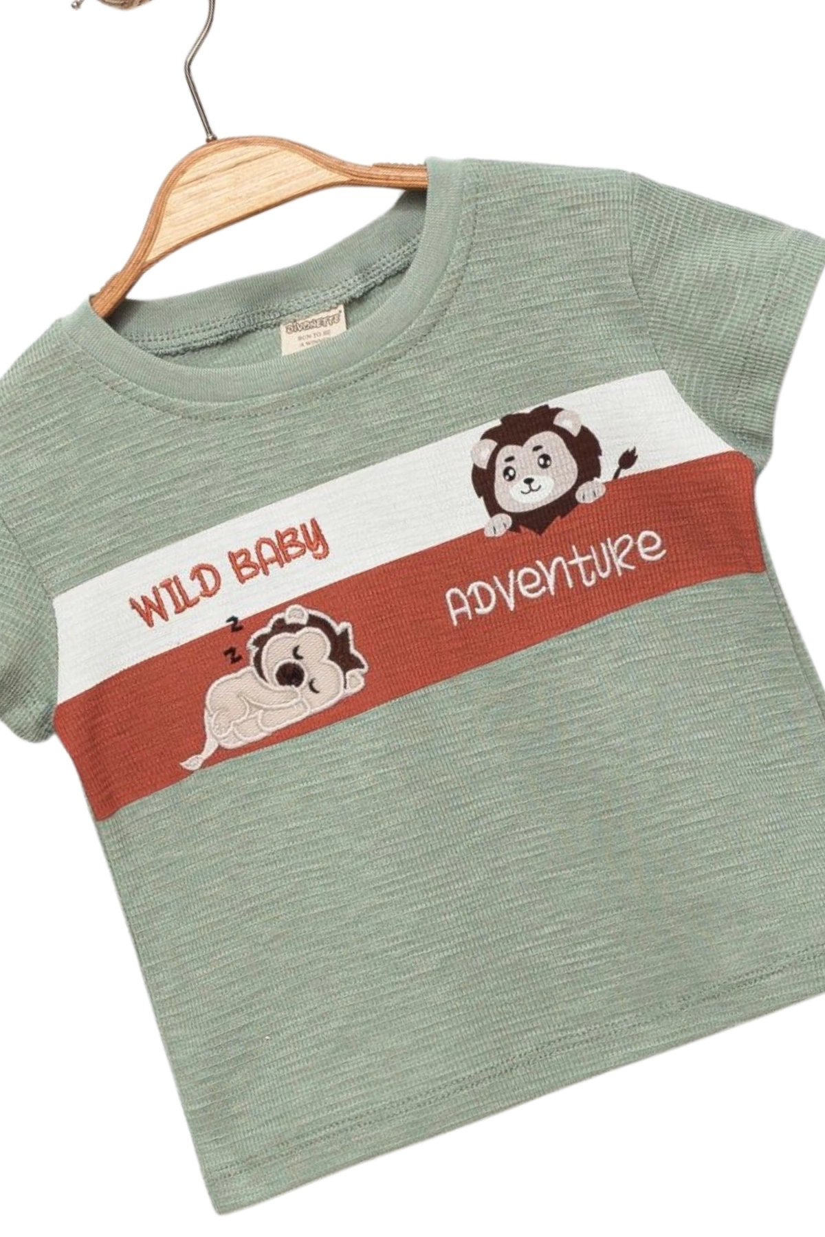 Erkek Çocuk İnce Yazlık %100 Pamuk Kısa Kollu Aslan Desenli Erkek Bebek Yeşil T-shirt