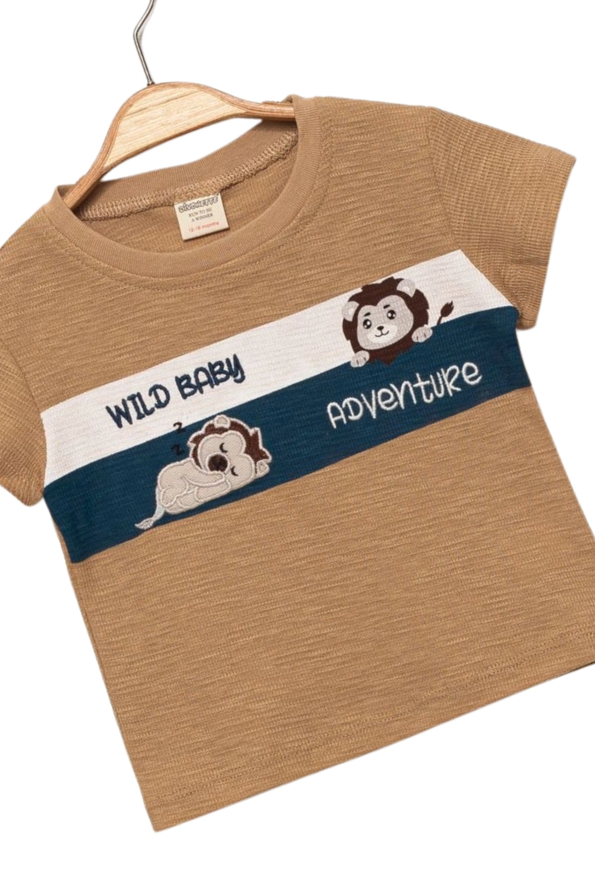 Erkek Çocuk İnce Yazlık %100 Pamuk Kısa Kollu Aslan Desenli Erkek Bebek Bej T-shirt
