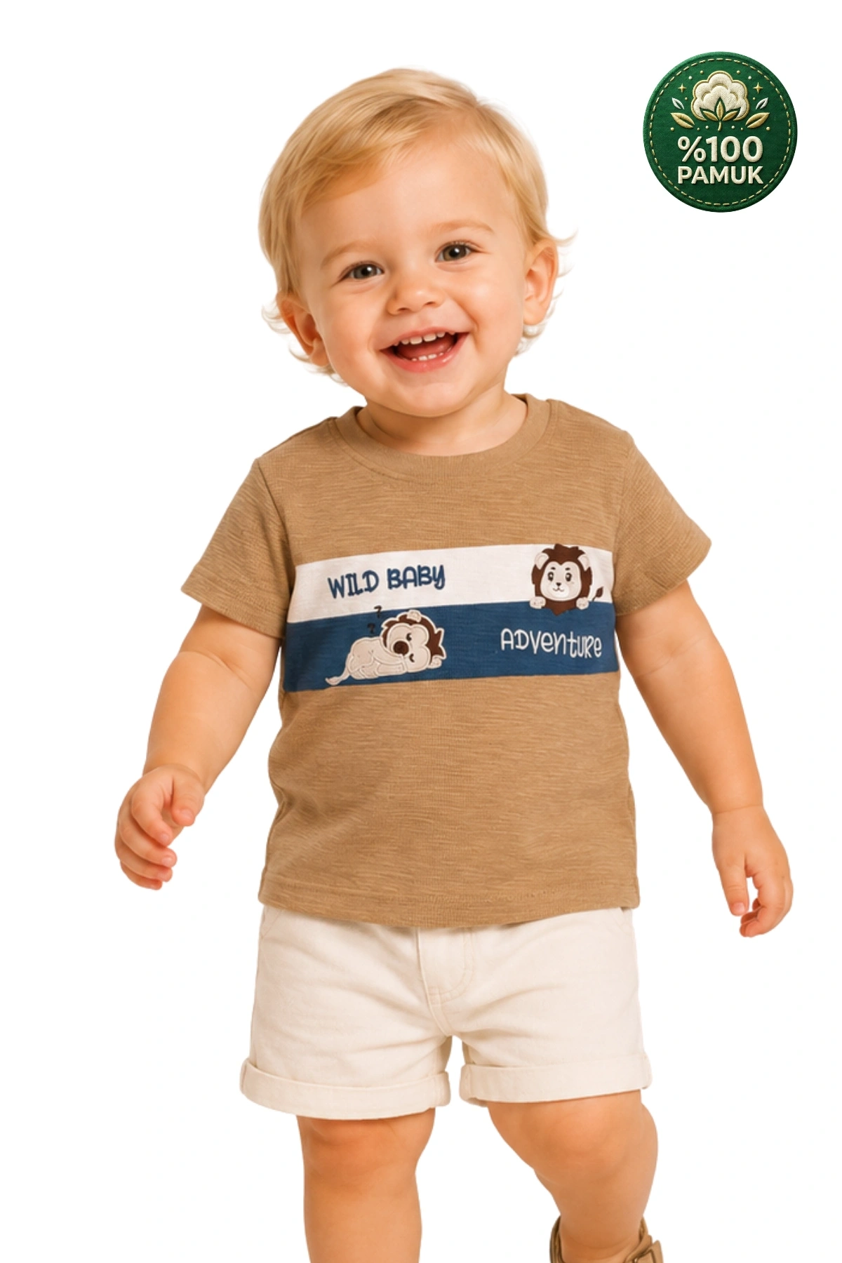 Erkek Çocuk İnce Yazlık %100 Pamuk Kısa Kollu Aslan Desenli Erkek Bebek Bej T-shirt