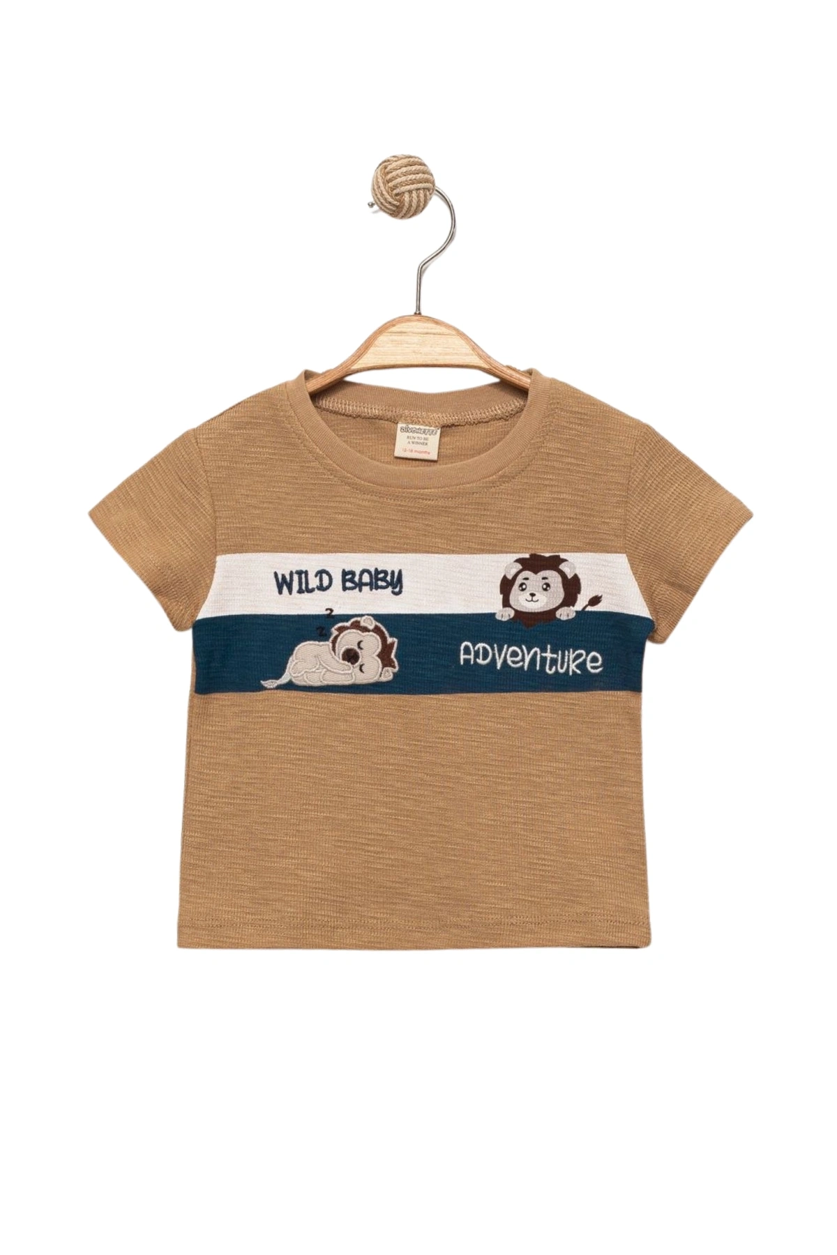 Erkek Çocuk İnce Yazlık %100 Pamuk Kısa Kollu Aslan Desenli Erkek Bebek Bej T-shirt
