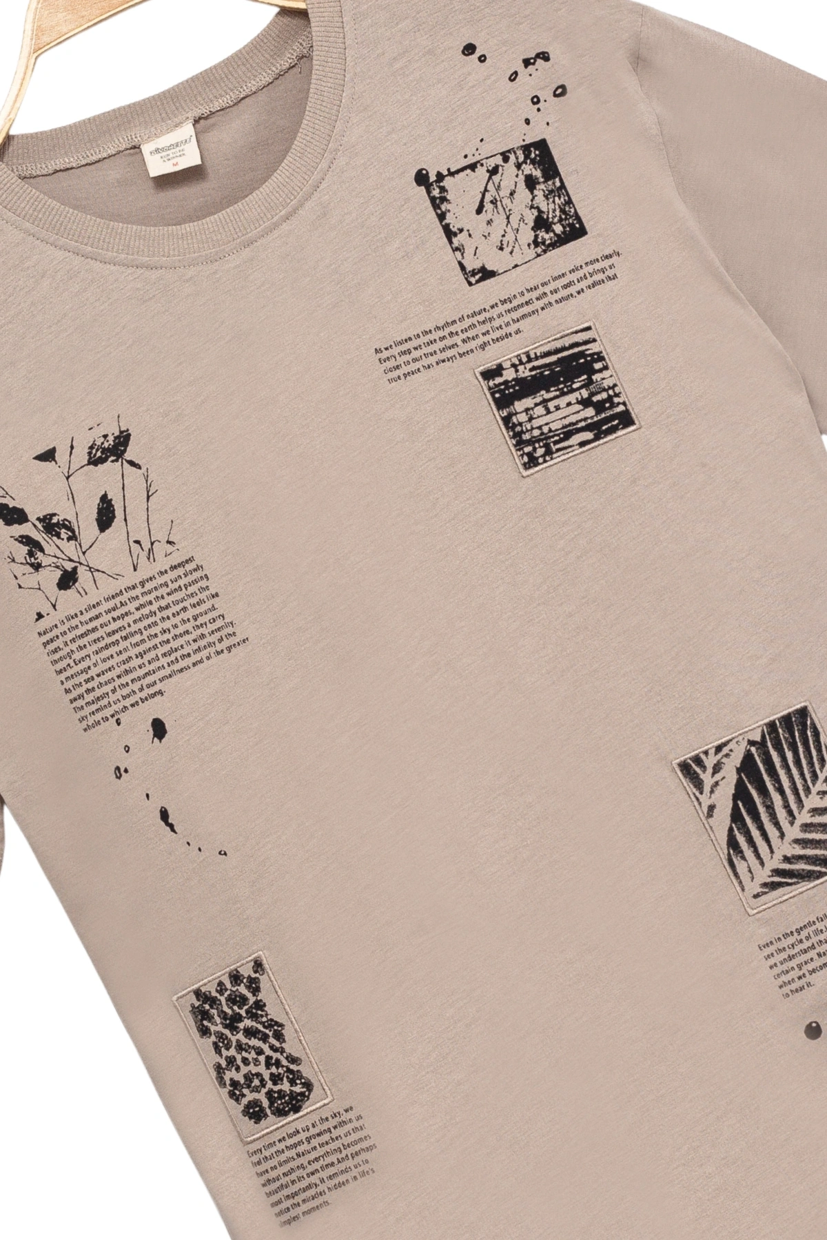 Erkek Basic Kısa Kollu %100 Pamuk Baskılı Nakış Detaylı Havalı ve Rahat Bej T-Shirt