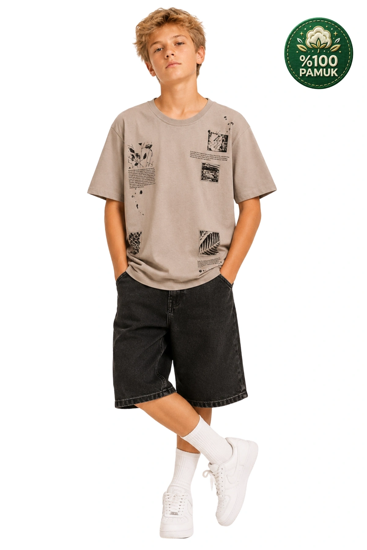 Erkek Basic Kısa Kollu %100 Pamuk Baskılı Nakış Detaylı Havalı ve Rahat Bej T-Shirt