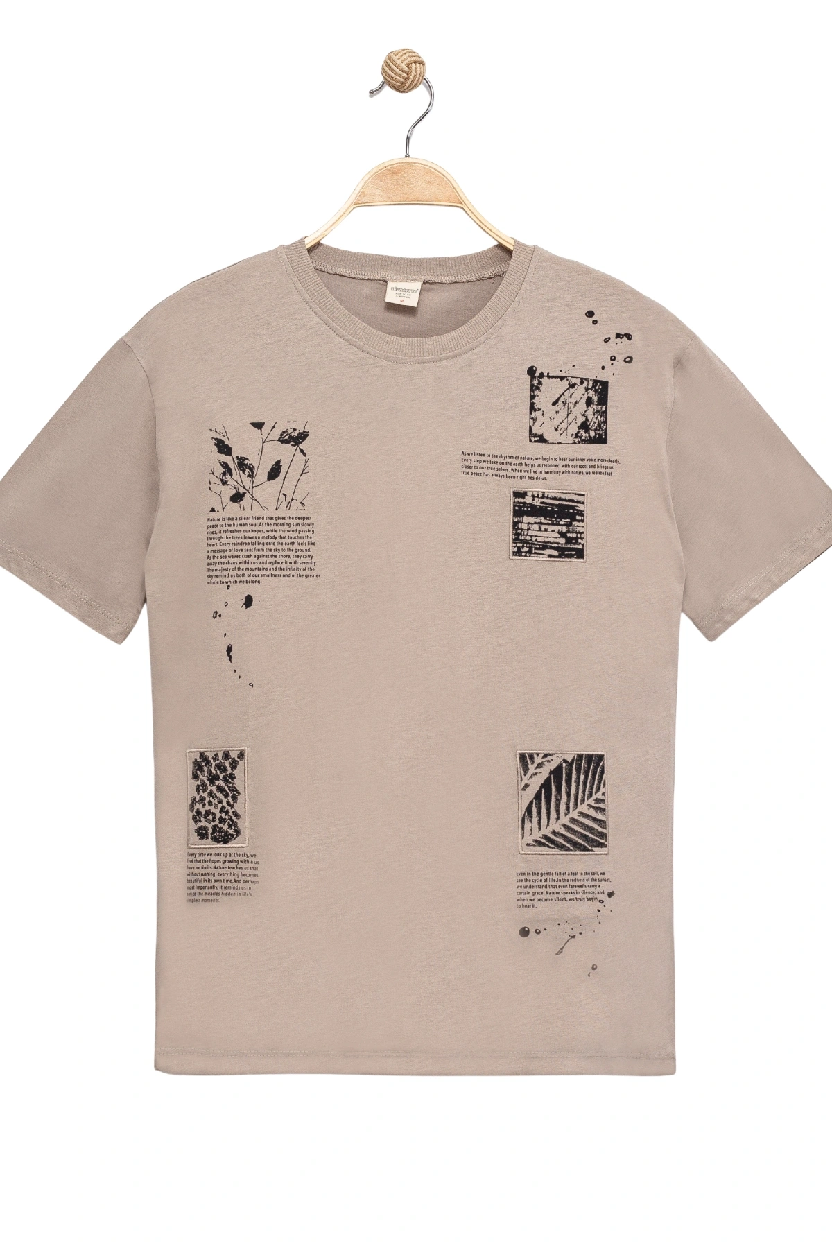 Erkek Basic Kısa Kollu %100 Pamuk Baskılı Nakış Detaylı Havalı ve Rahat Bej T-Shirt
