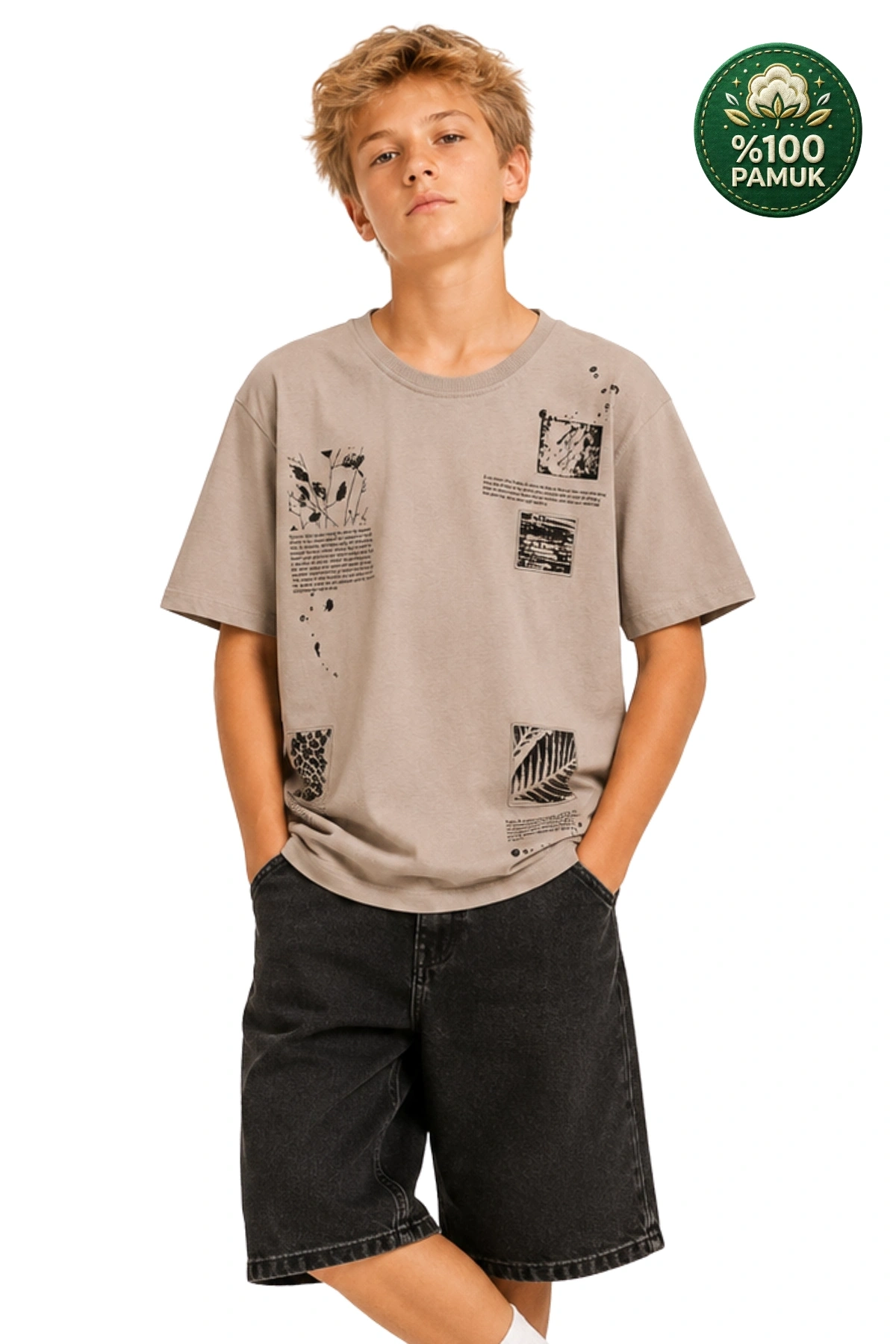 Erkek Basic Kısa Kollu %100 Pamuk Baskılı Nakış Detaylı Havalı ve Rahat Bej T-Shirt