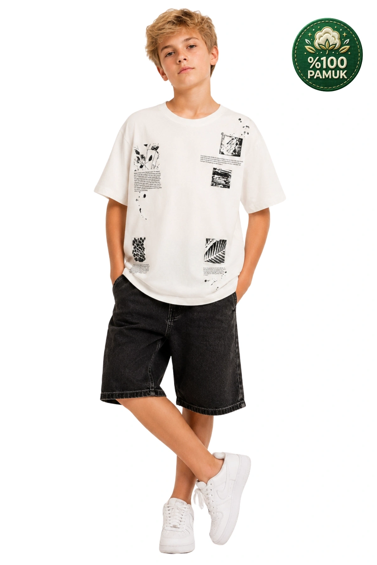 Erkek Basic Kısa Kollu %100 Pamuk Baskılı Nakış Detaylı Havalı ve Rahat Beyaz T-Shirt