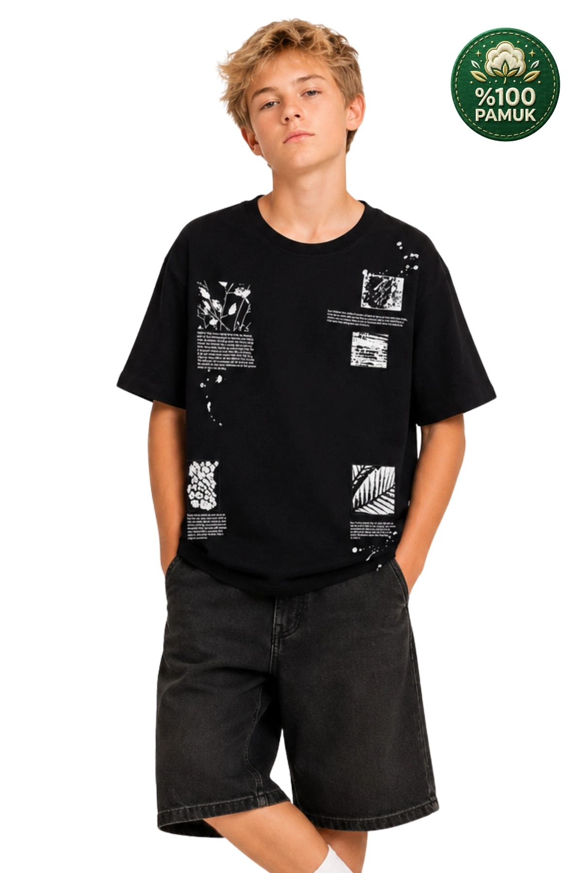 Erkek Basic Kısa Kollu %100 Pamuk Baskılı Nakış Detaylı Havalı ve Rahat Siyah T-Shirt