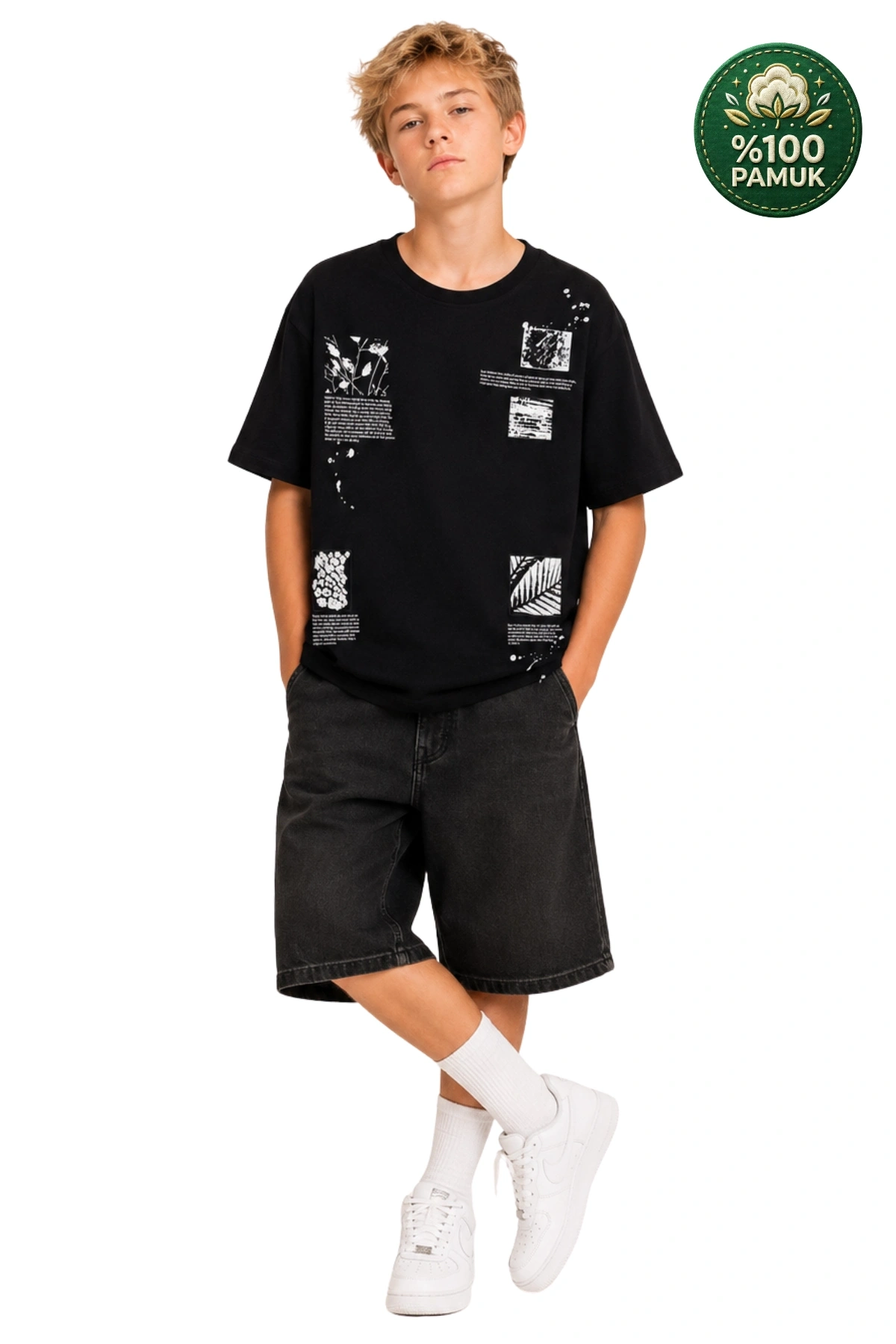 Erkek Basic Kısa Kollu %100 Pamuk Baskılı Nakış Detaylı Havalı ve Rahat Siyah T-Shirt