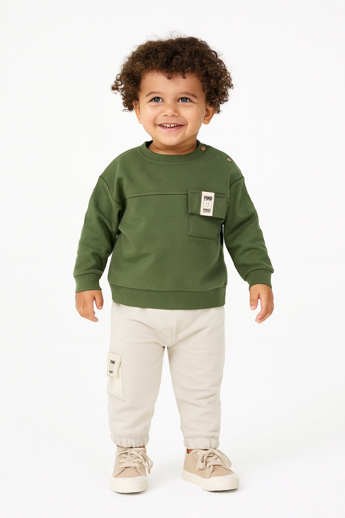 Erkek Bebek Cepli Haki Sweatshirt Eşofman Takımı - Pamuklu 2li Spor Set