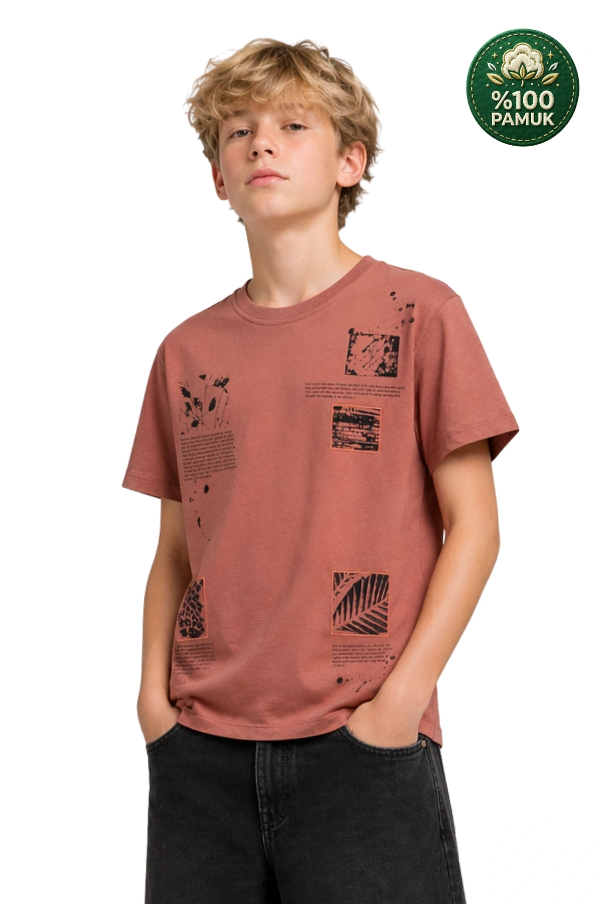Erkek Çocuk Basic Kısa Kollu %100 Pamuk Baskılı Nakış Detaylı Havalı ve Rahat Turuncu T-Shirt