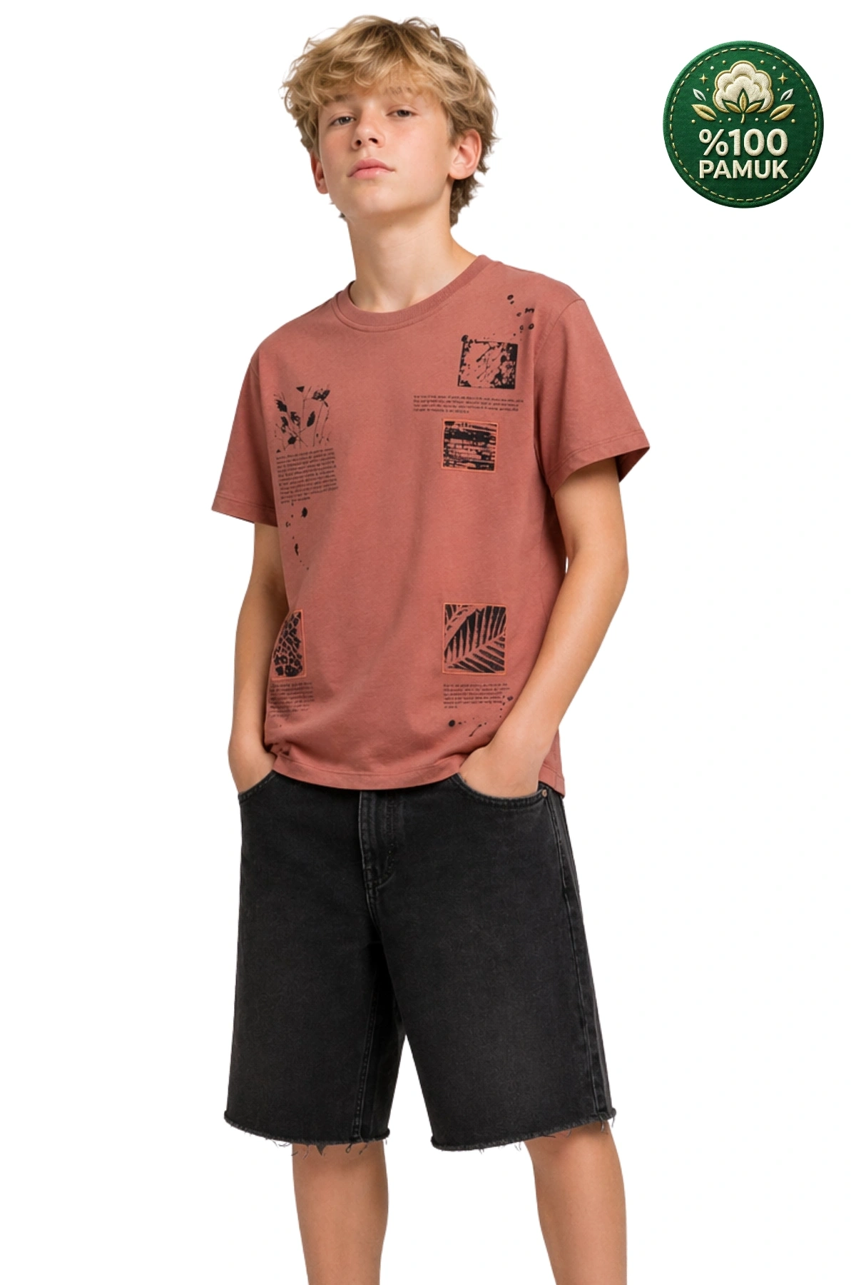 Erkek Çocuk Basic Kısa Kollu %100 Pamuk Baskılı Nakış Detaylı Havalı ve Rahat Turuncu T-Shirt