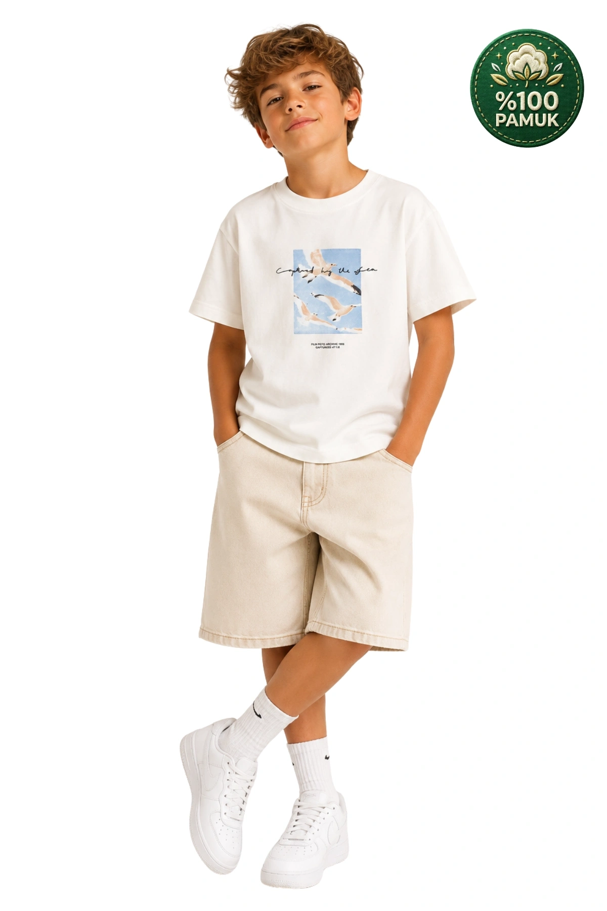 Erkek Çocuk Basic Kısa Kollu %100 Pamuk Martı Aplike Nakış Detaylı Rahat Beyaz T-Shirt