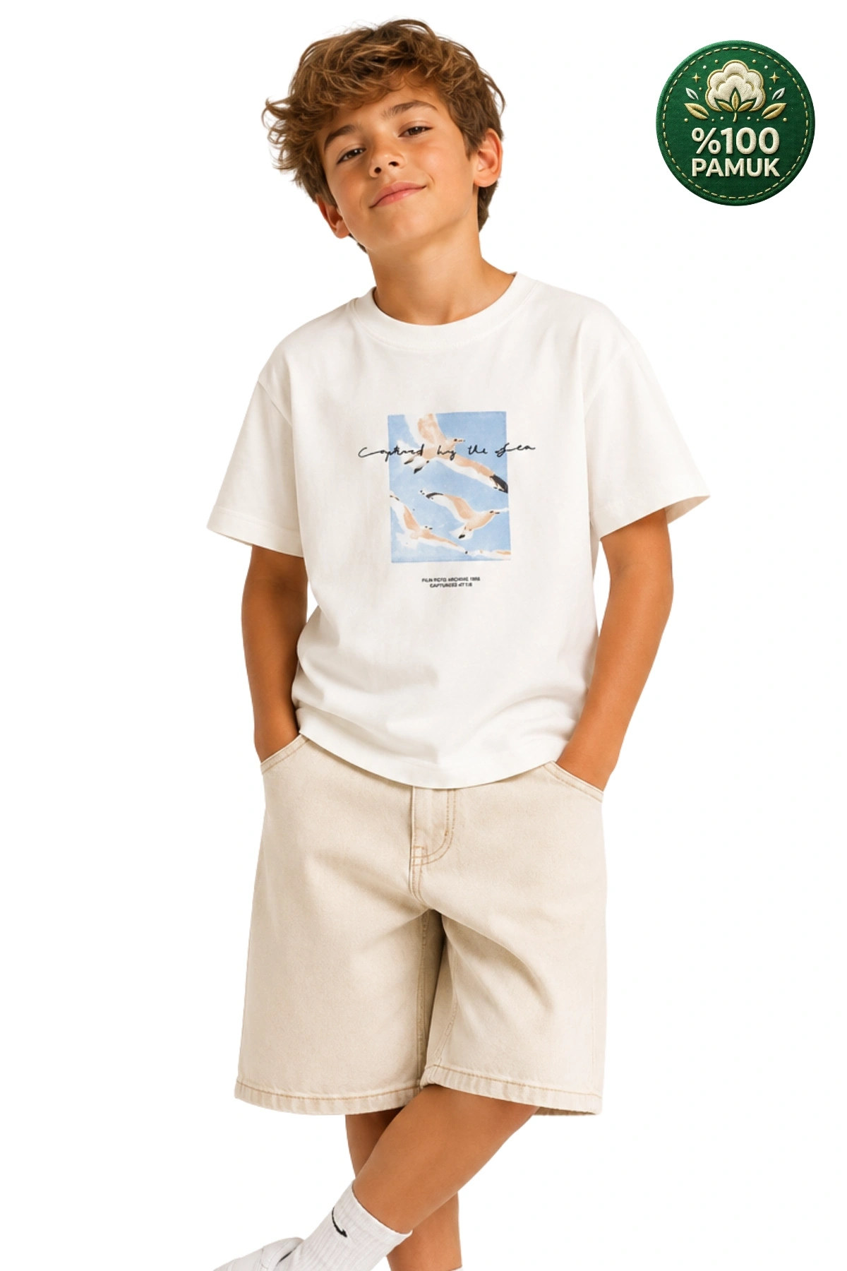 Erkek Çocuk Basic Kısa Kollu %100 Pamuk Martı Aplike Nakış Detaylı Rahat Beyaz T-Shirt
