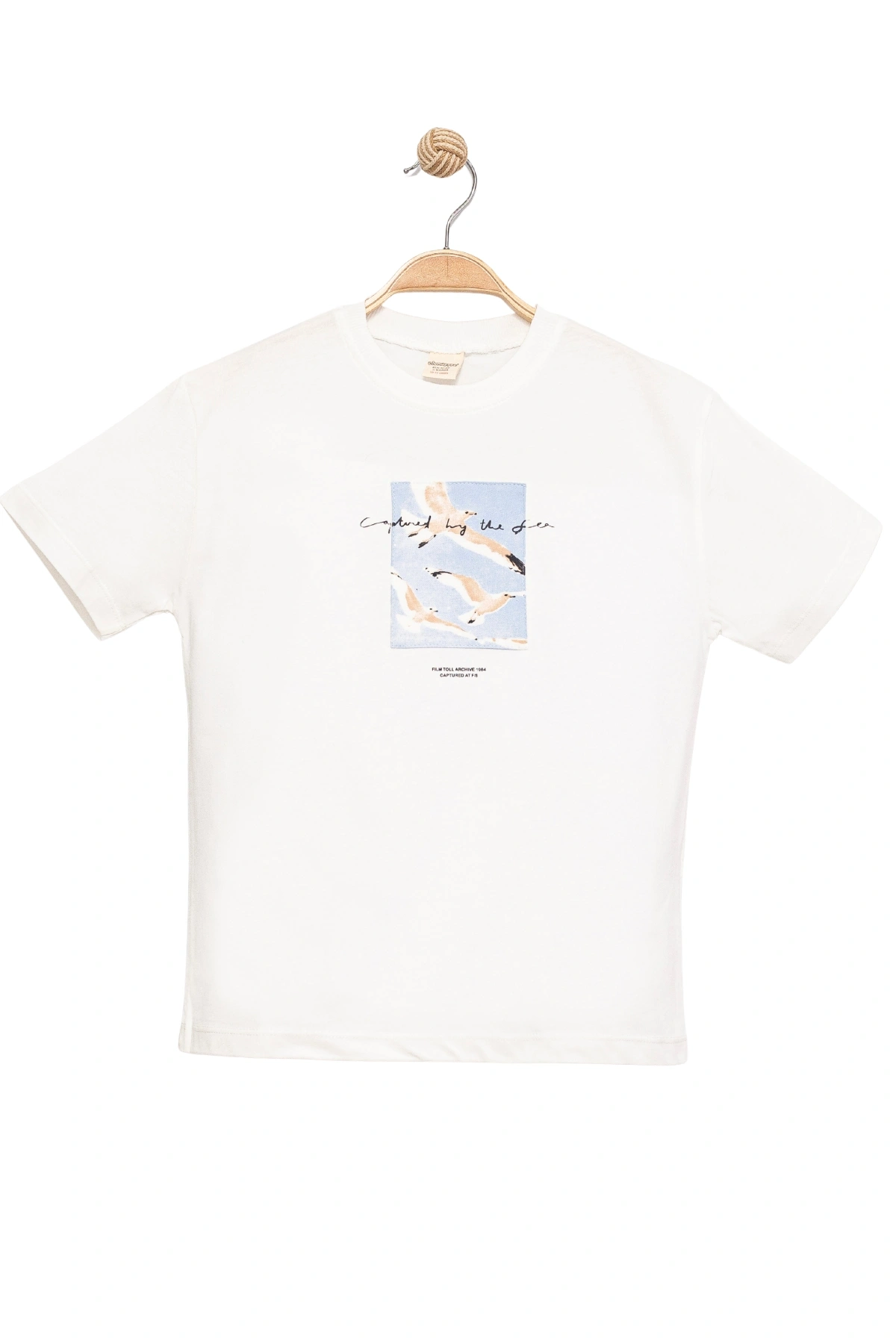 Erkek Çocuk Basic Kısa Kollu %100 Pamuk Martı Aplike Nakış Detaylı Rahat Beyaz T-Shirt