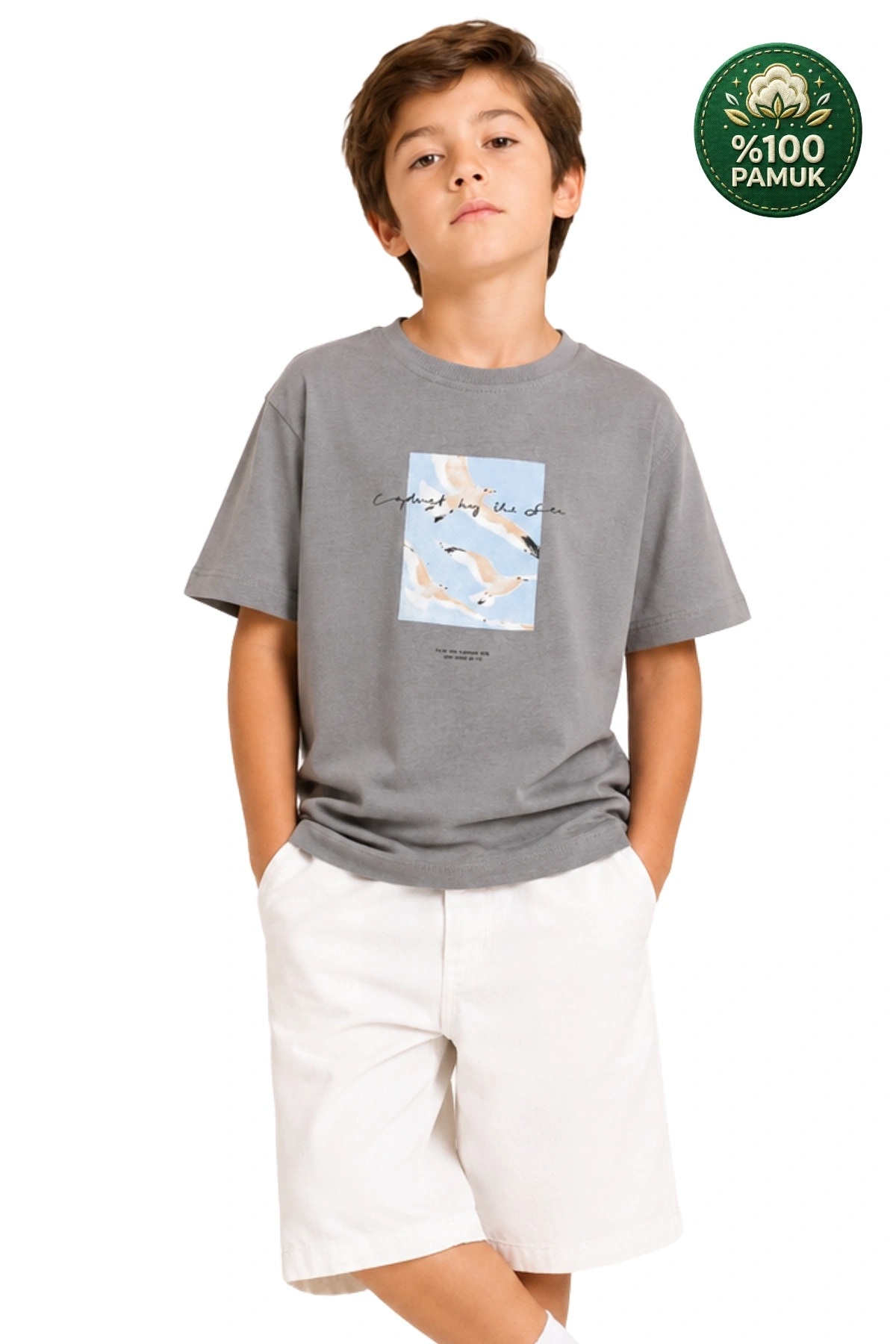 Erkek Çocuk Basic Kısa Kollu %100 Pamuk Martı Aplike Nakış Detaylı Rahat Gri T-Shirt